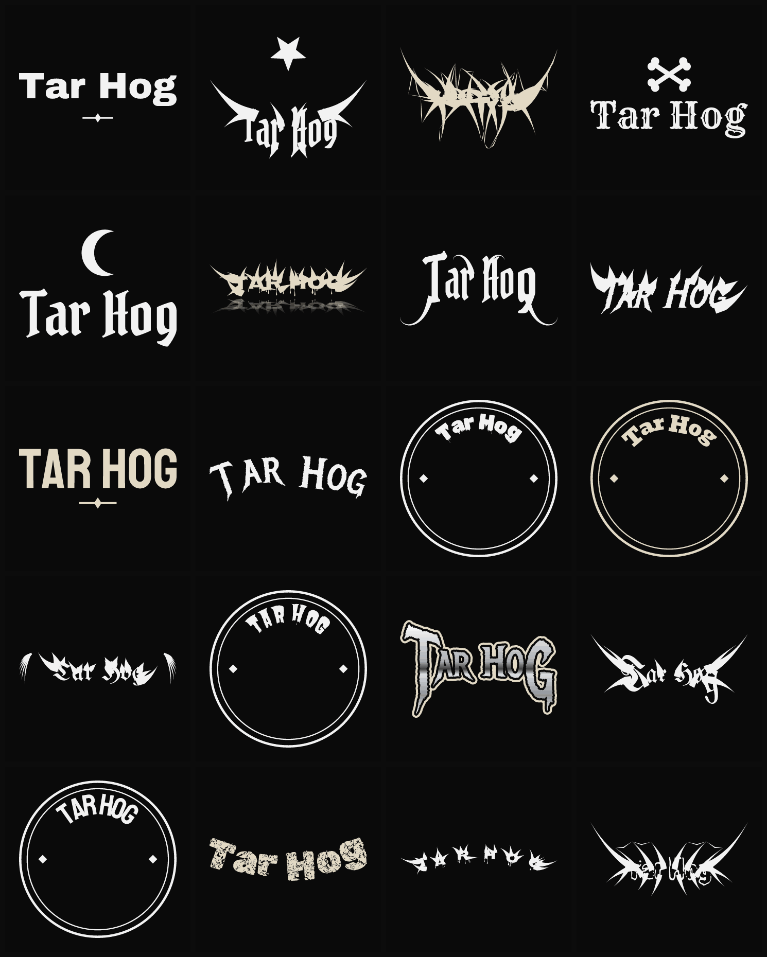 Twenty Tar Hog band logo ideas — different faces, treatments and spike settings