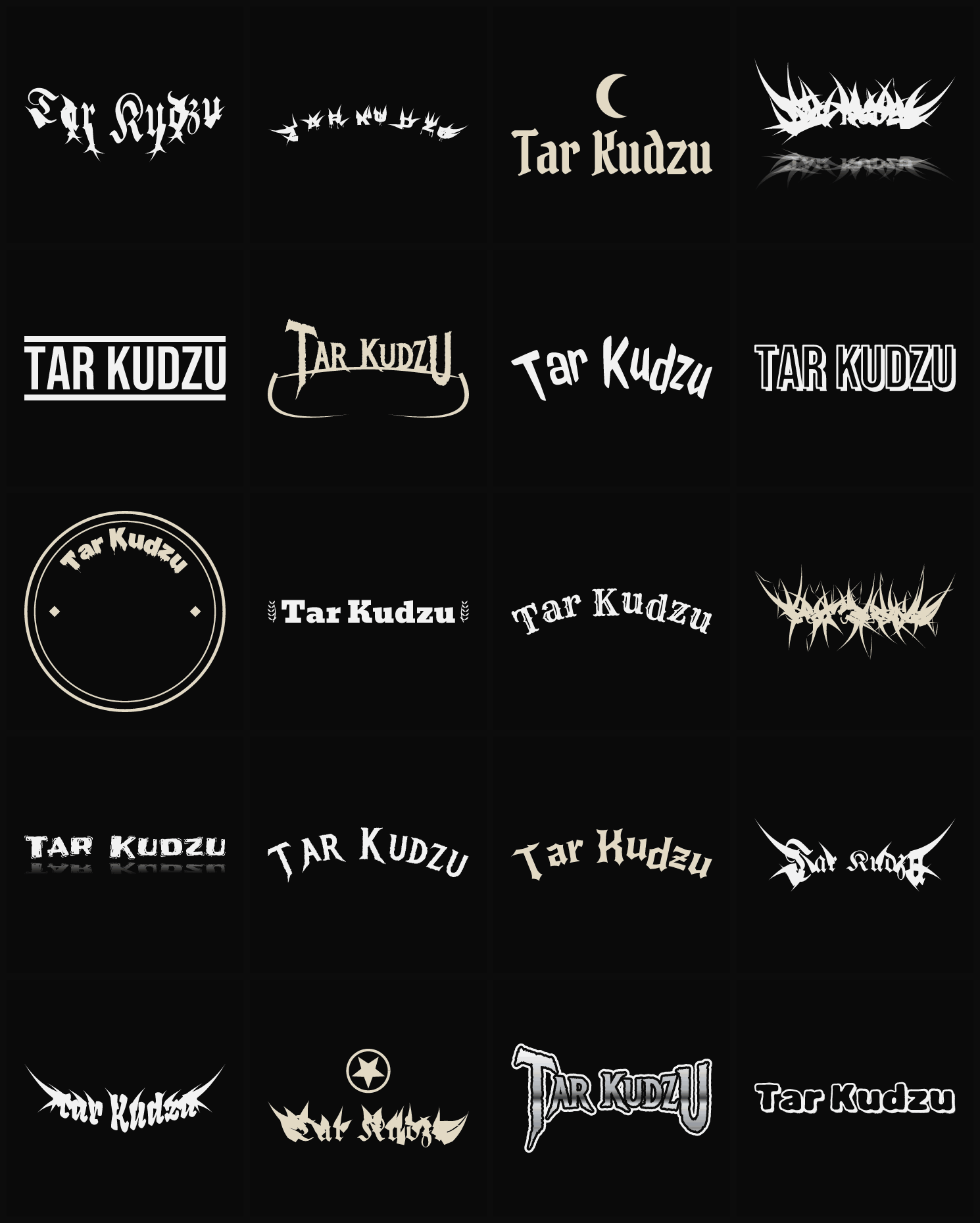 Twenty Tar Kudzu band logo ideas — different faces, treatments and spike settings