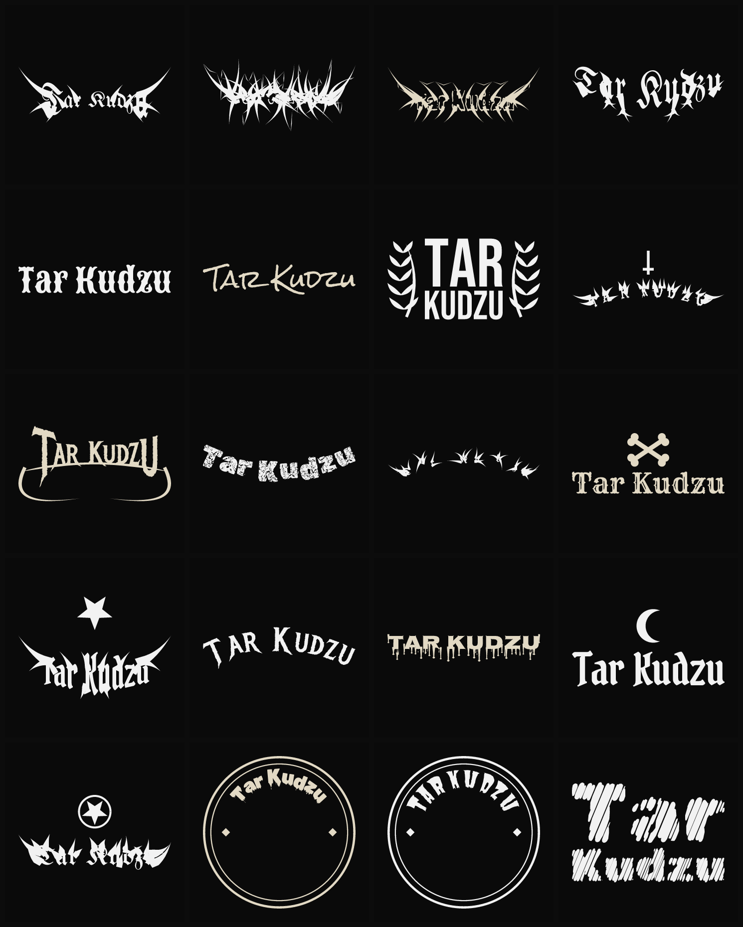 Twenty Tar Kudzu band logo ideas — different faces, treatments and spike settings