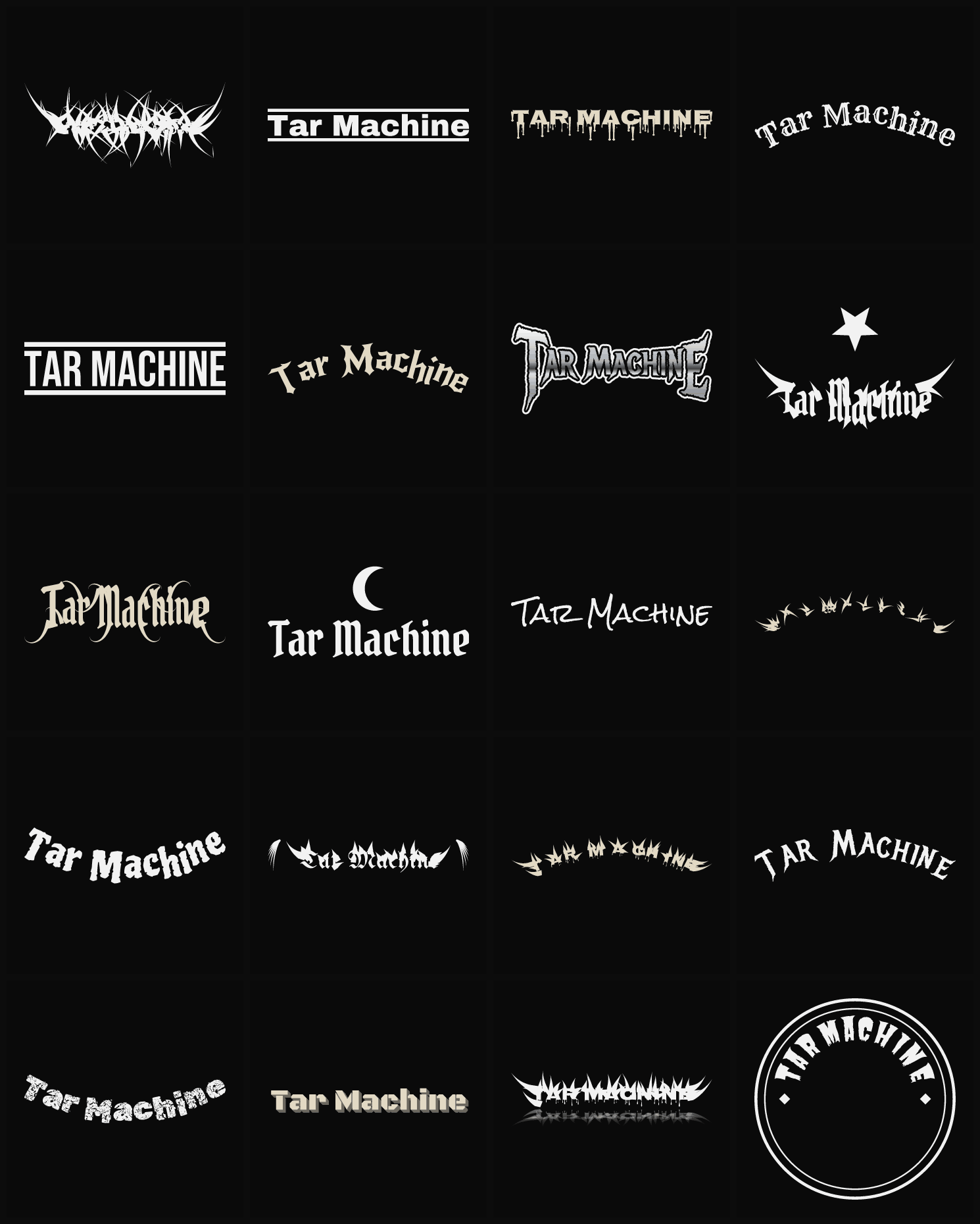 Twenty Tar Machine band logo ideas — different faces, treatments and spike settings