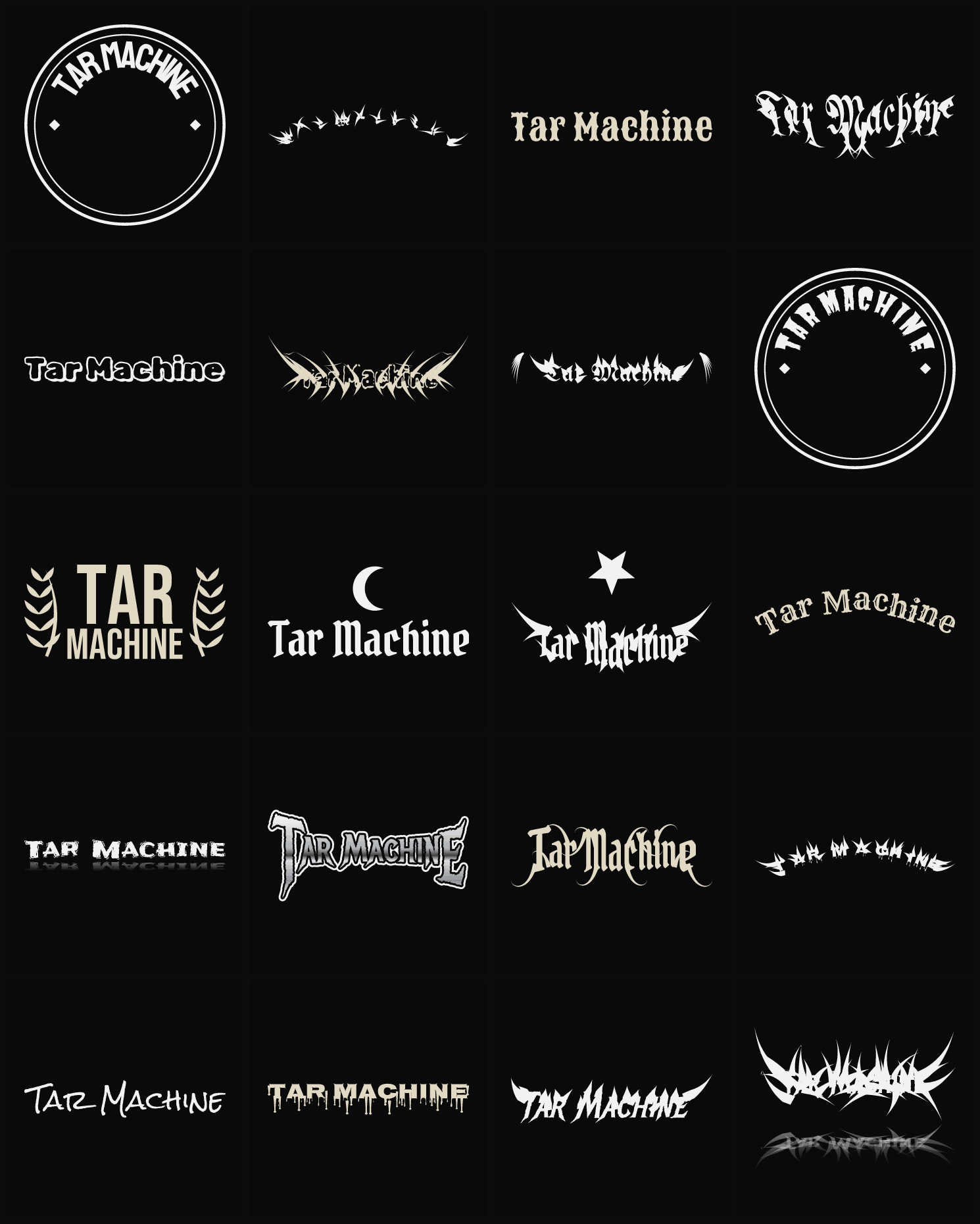 Twenty Tar Machine band logo ideas — different faces, treatments and spike settings