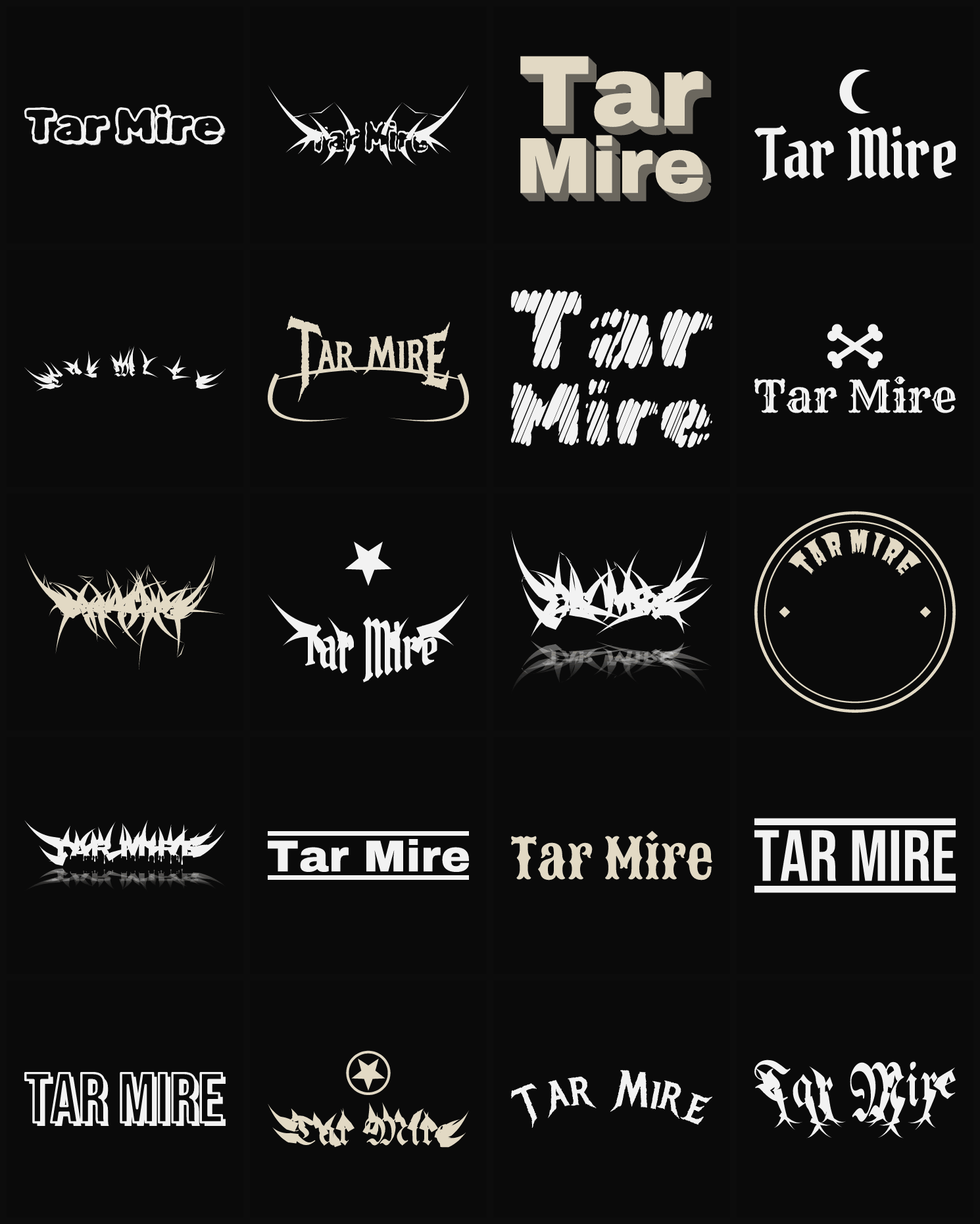 Twenty Tar Mire band logo ideas — different faces, treatments and spike settings
