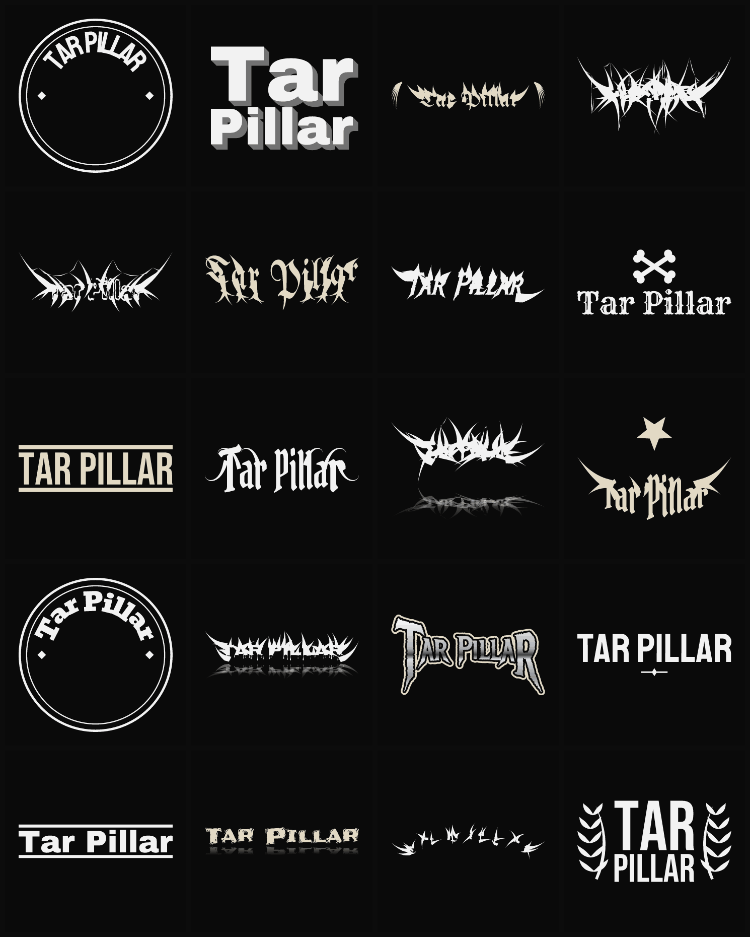Twenty Tar Pillar band logo ideas — different faces, treatments and spike settings