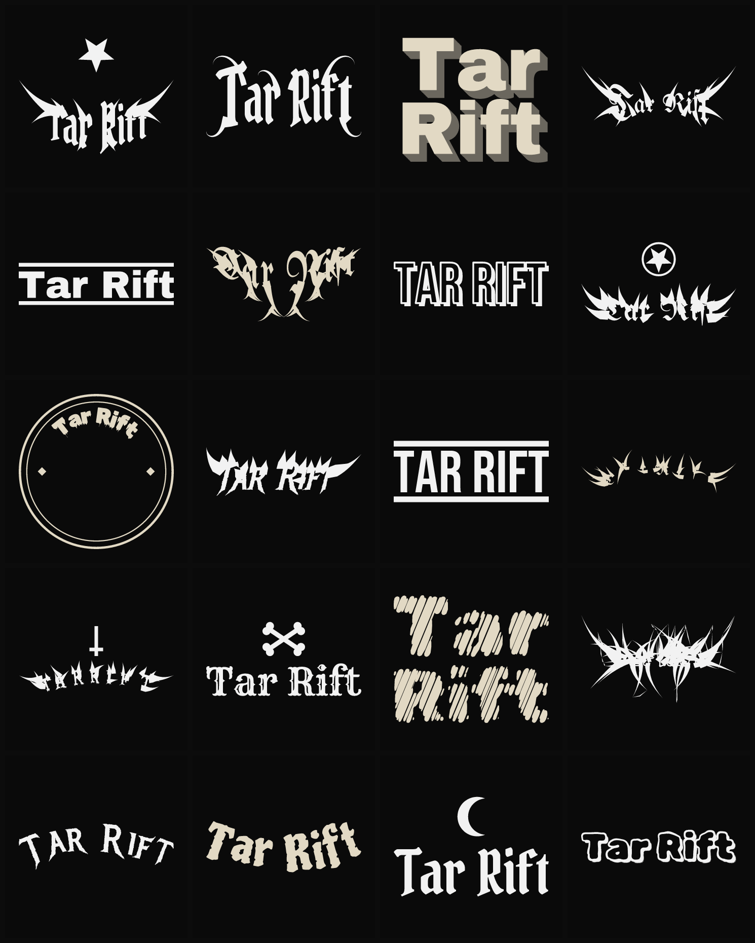 Twenty Tar Rift band logo ideas — different faces, treatments and spike settings