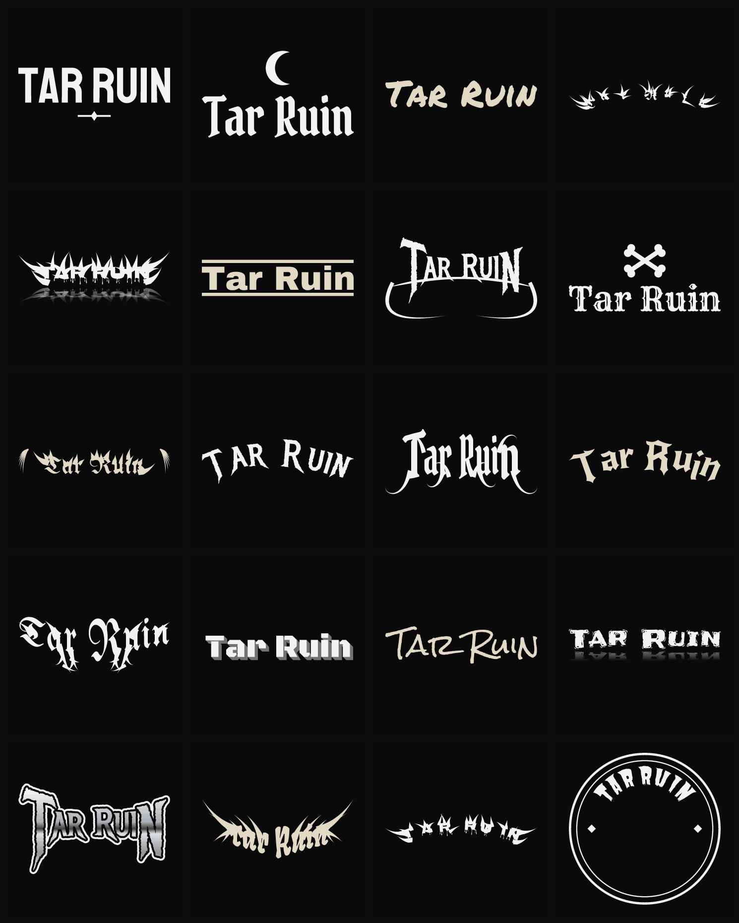 Twenty Tar Ruin band logo ideas — different faces, treatments and spike settings