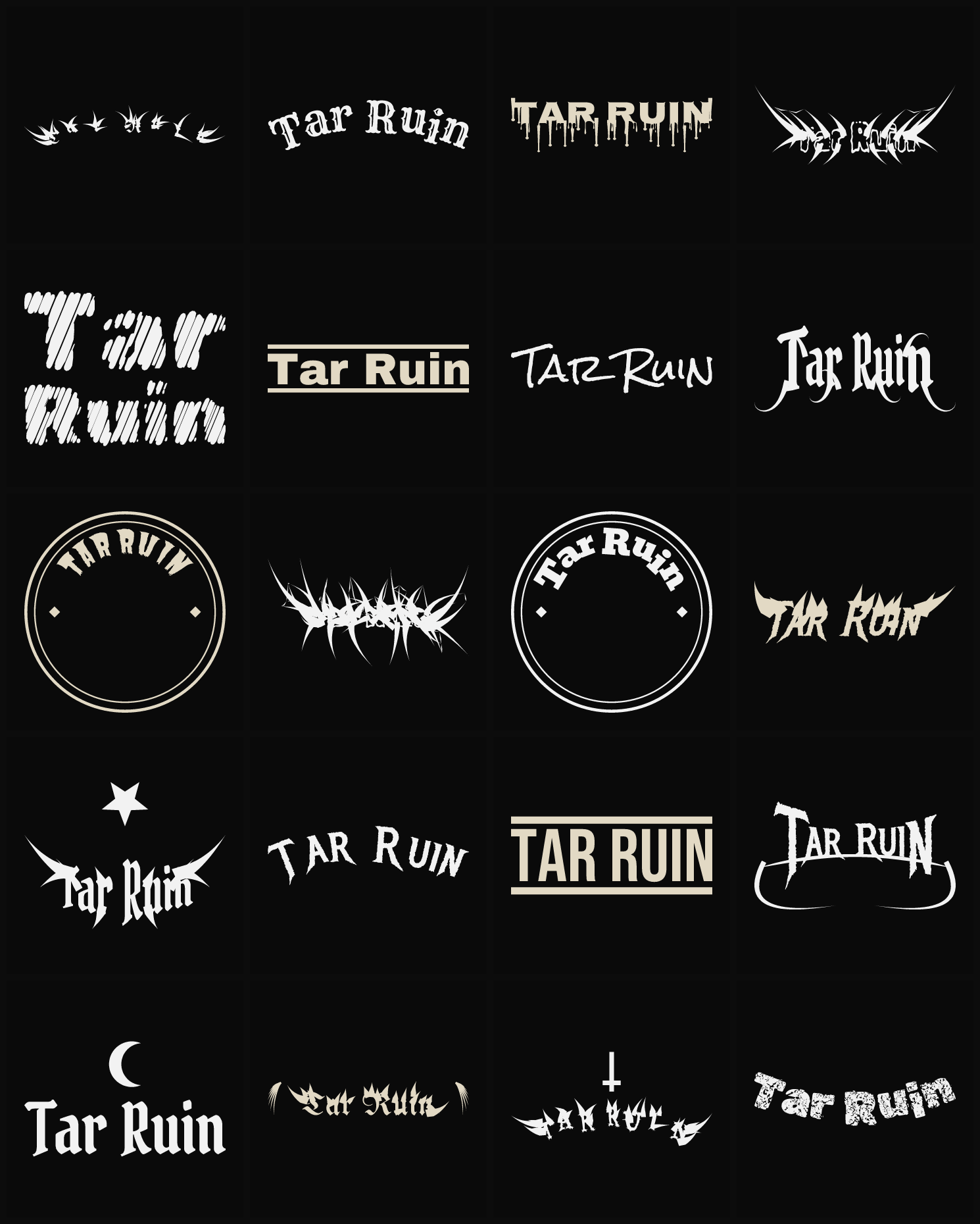 Twenty Tar Ruin band logo ideas — different faces, treatments and spike settings