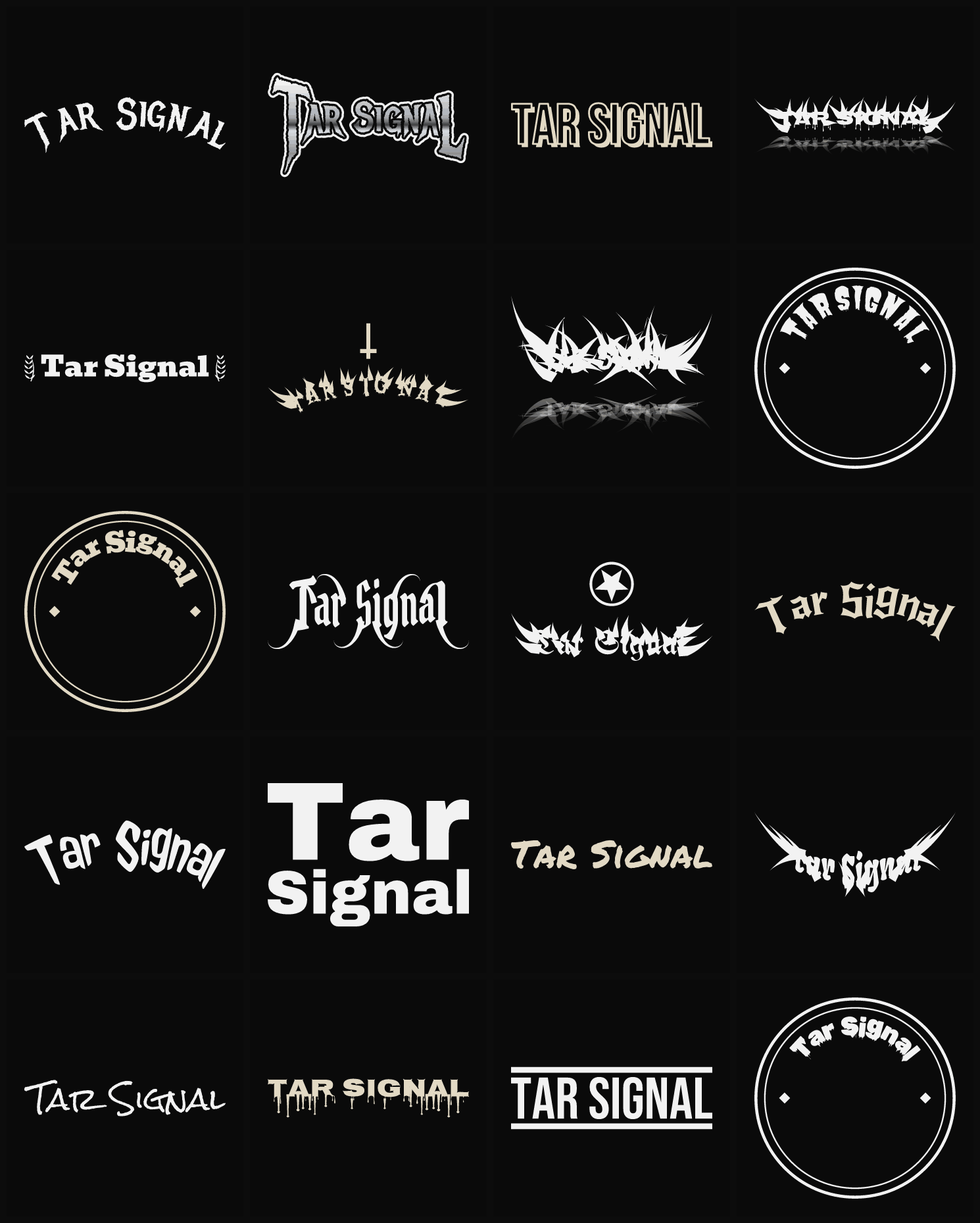 Twenty Tar Signal band logo ideas — different faces, treatments and spike settings