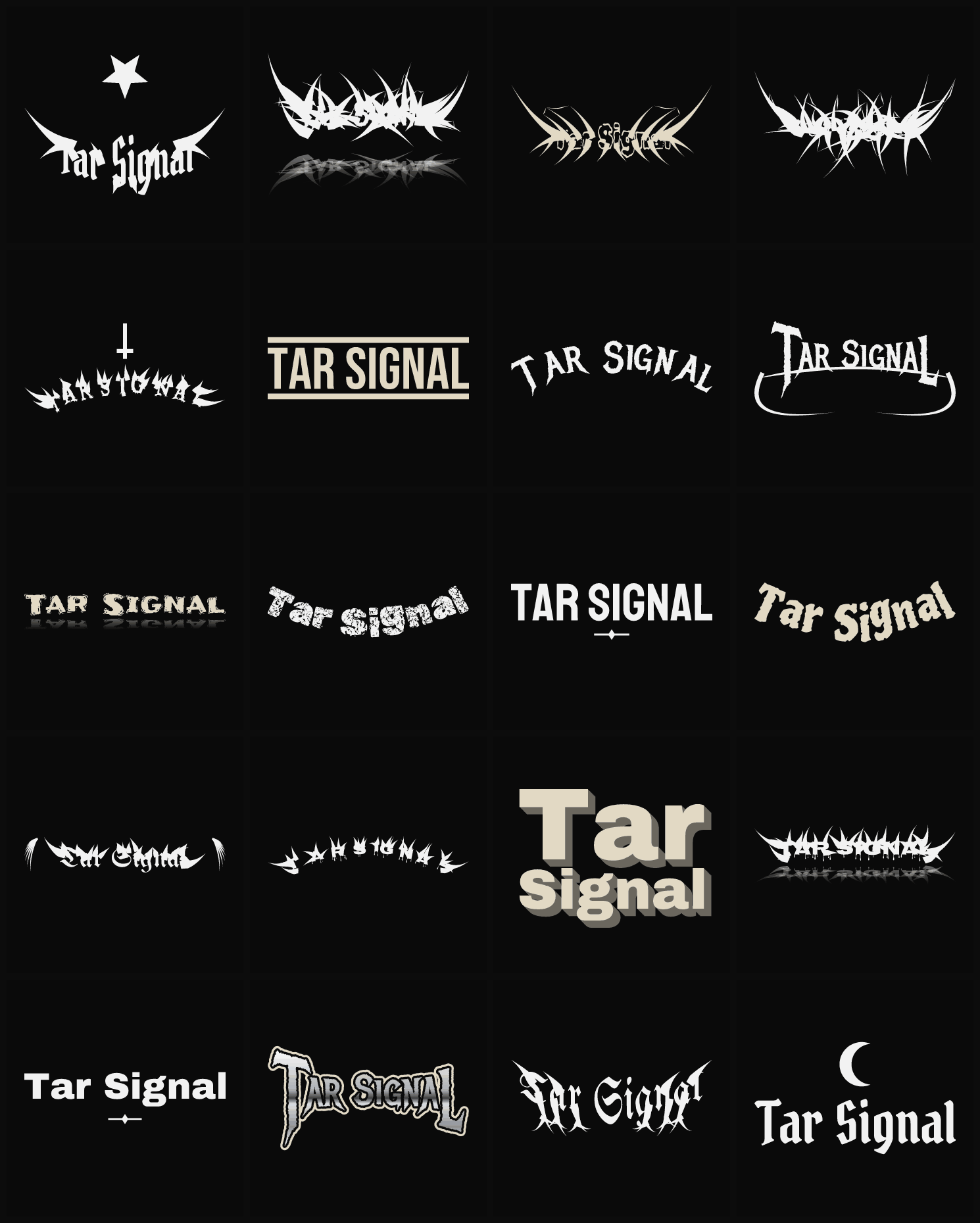Twenty Tar Signal band logo ideas — different faces, treatments and spike settings