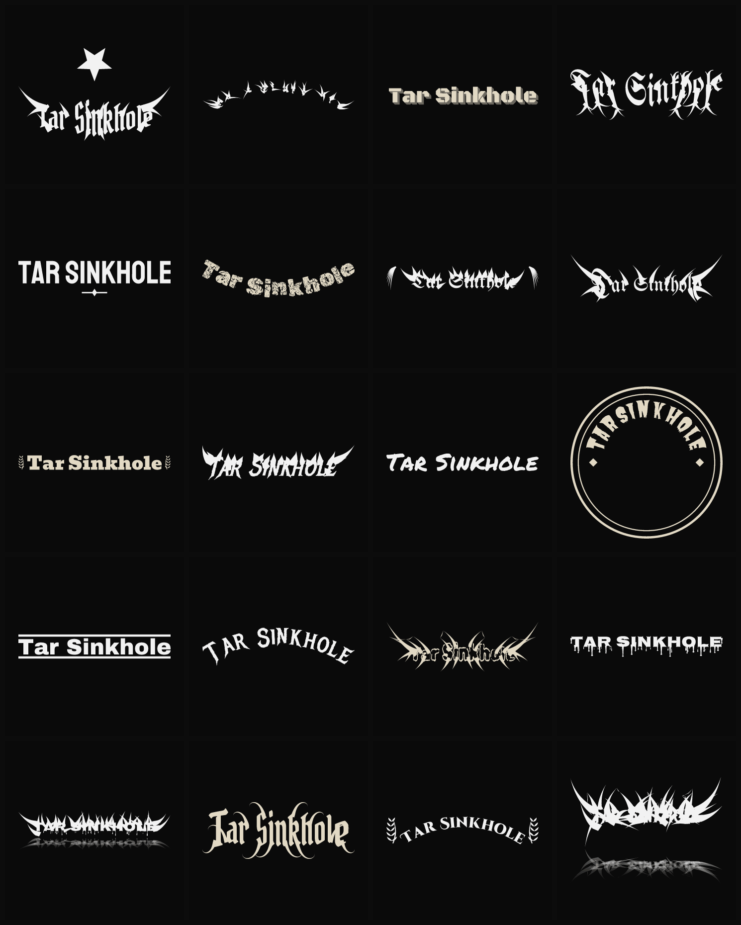 Twenty Tar Sinkhole band logo ideas — different faces, treatments and spike settings