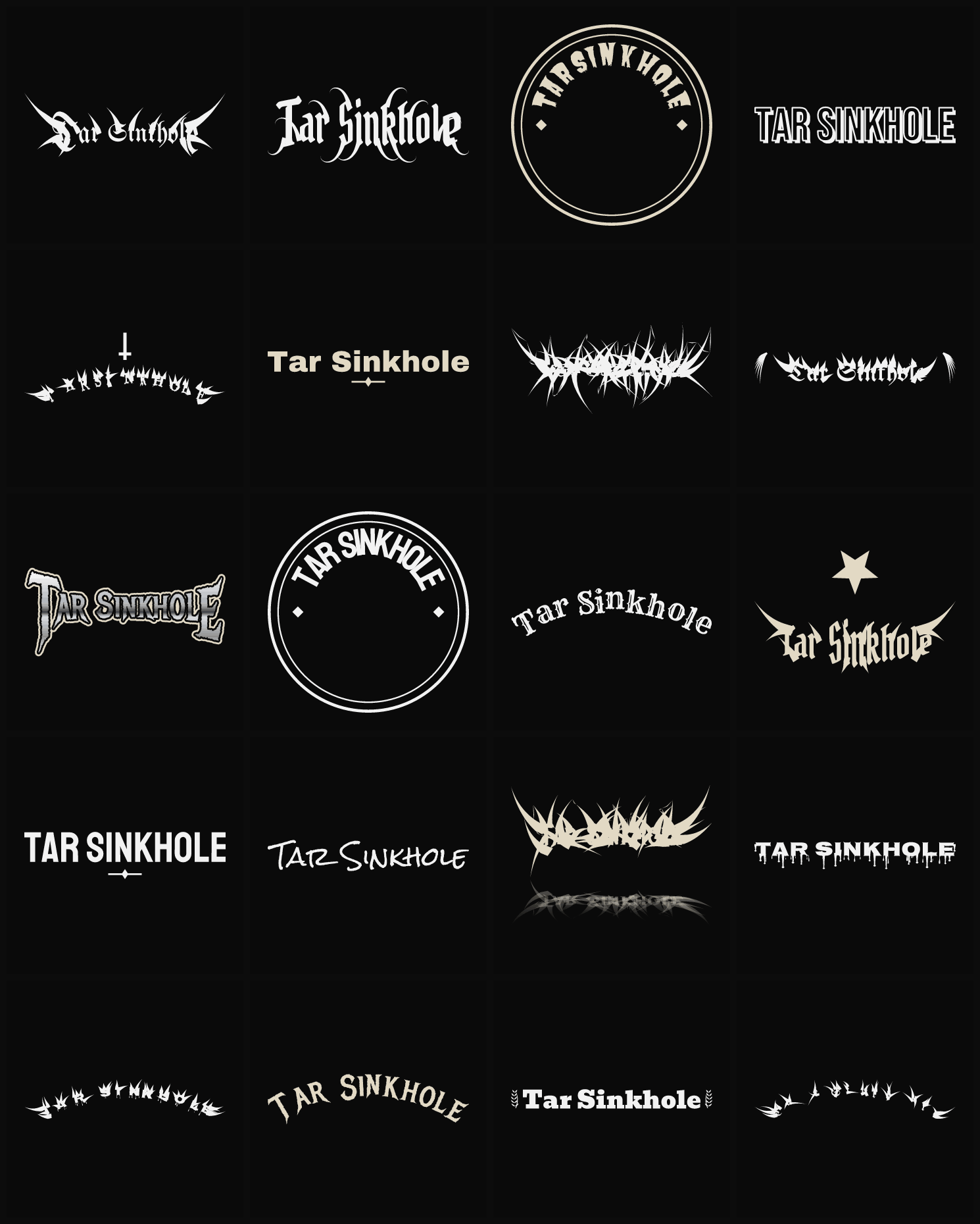 Twenty Tar Sinkhole band logo ideas — different faces, treatments and spike settings