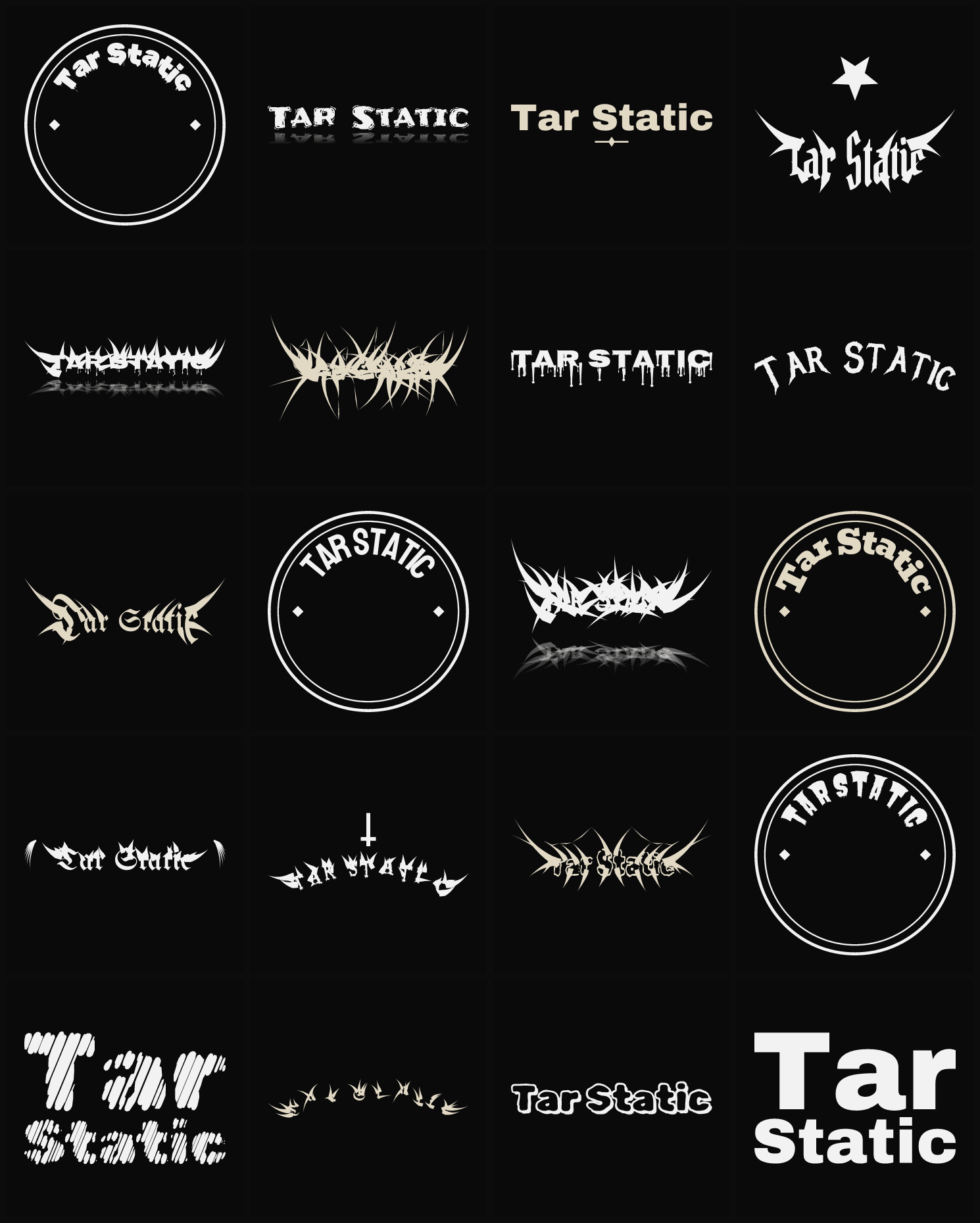 Twenty Tar Static band logo ideas — different faces, treatments and spike settings