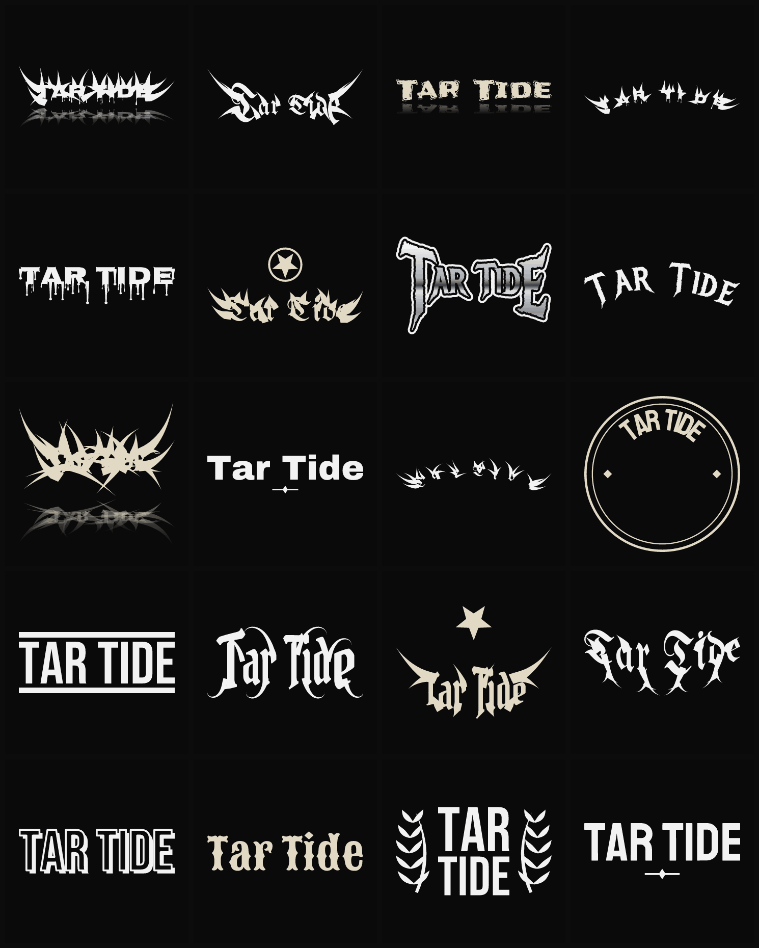Twenty Tar Tide band logo ideas — different faces, treatments and spike settings