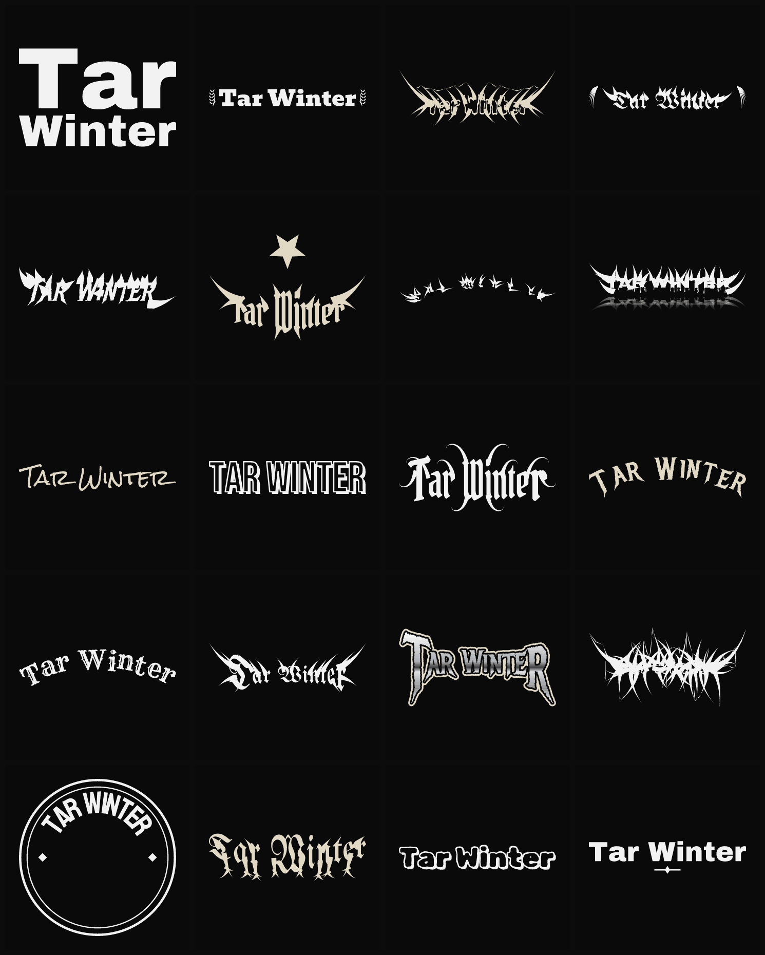 Twenty Tar Winter band logo ideas — different faces, treatments and spike settings