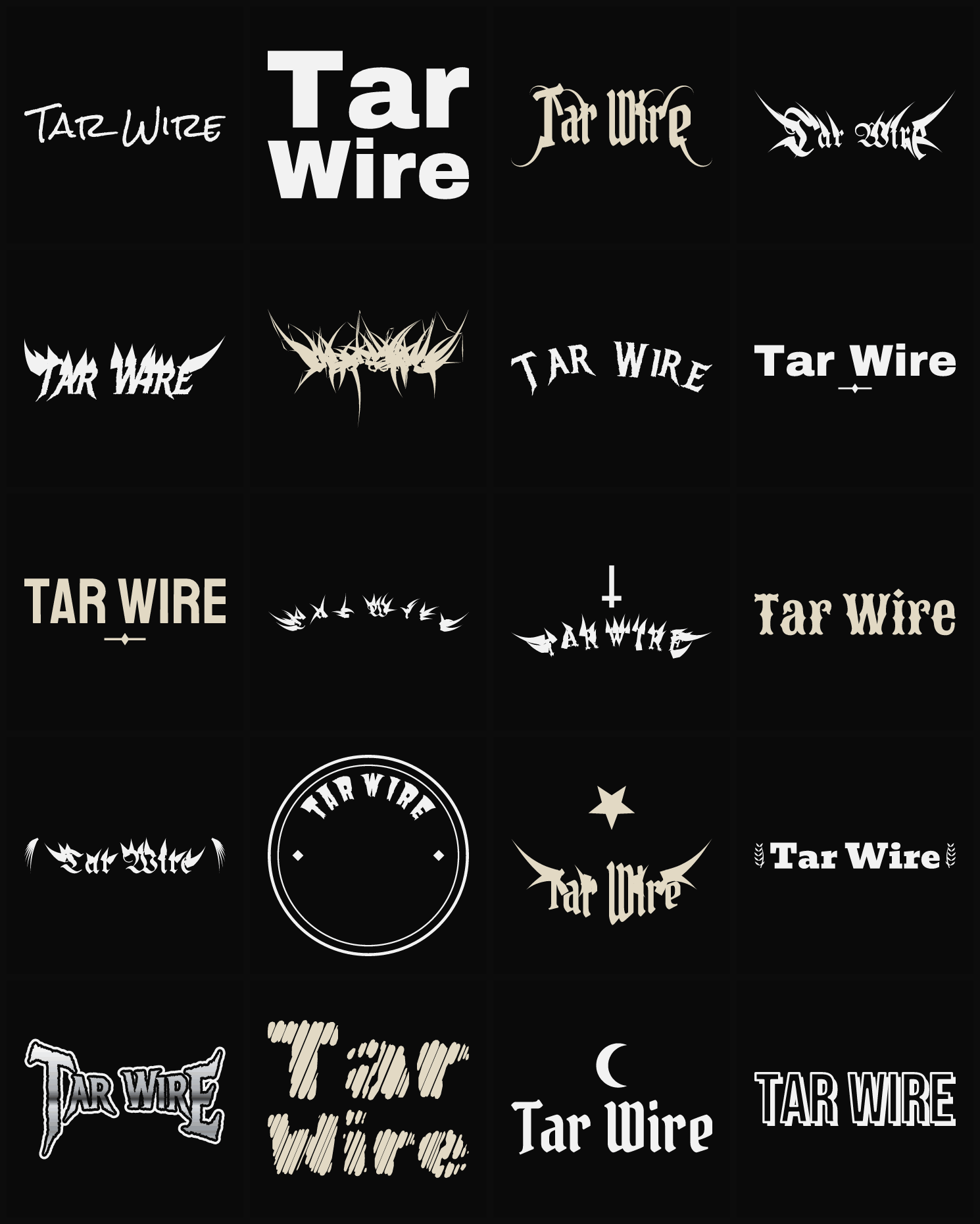 Twenty Tar Wire band logo ideas — different faces, treatments and spike settings