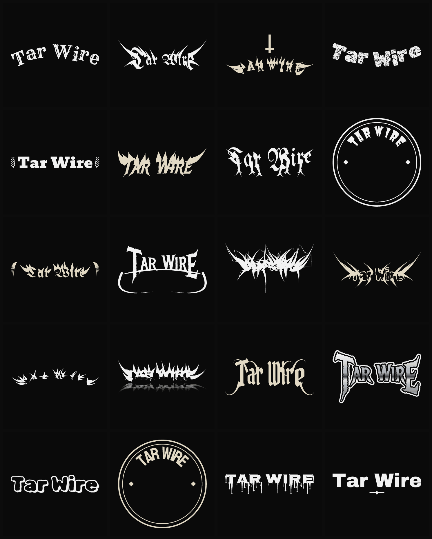 Twenty Tar Wire band logo ideas — different faces, treatments and spike settings