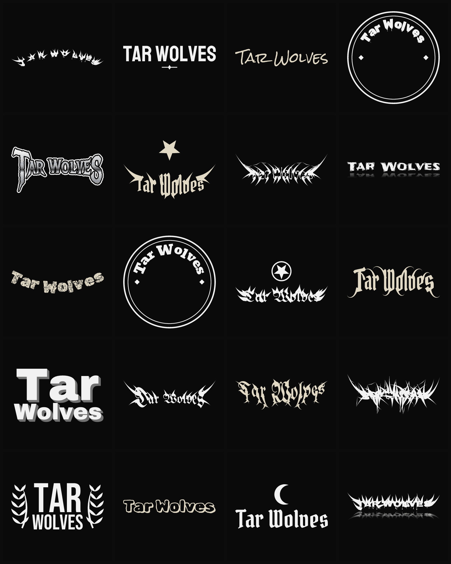 Twenty Tar Wolves band logo ideas — different faces, treatments and spike settings