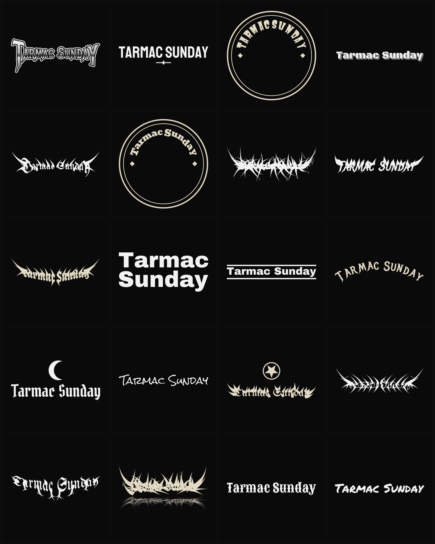 Twenty Tarmac Sunday band logo ideas — different faces, treatments and spike settings