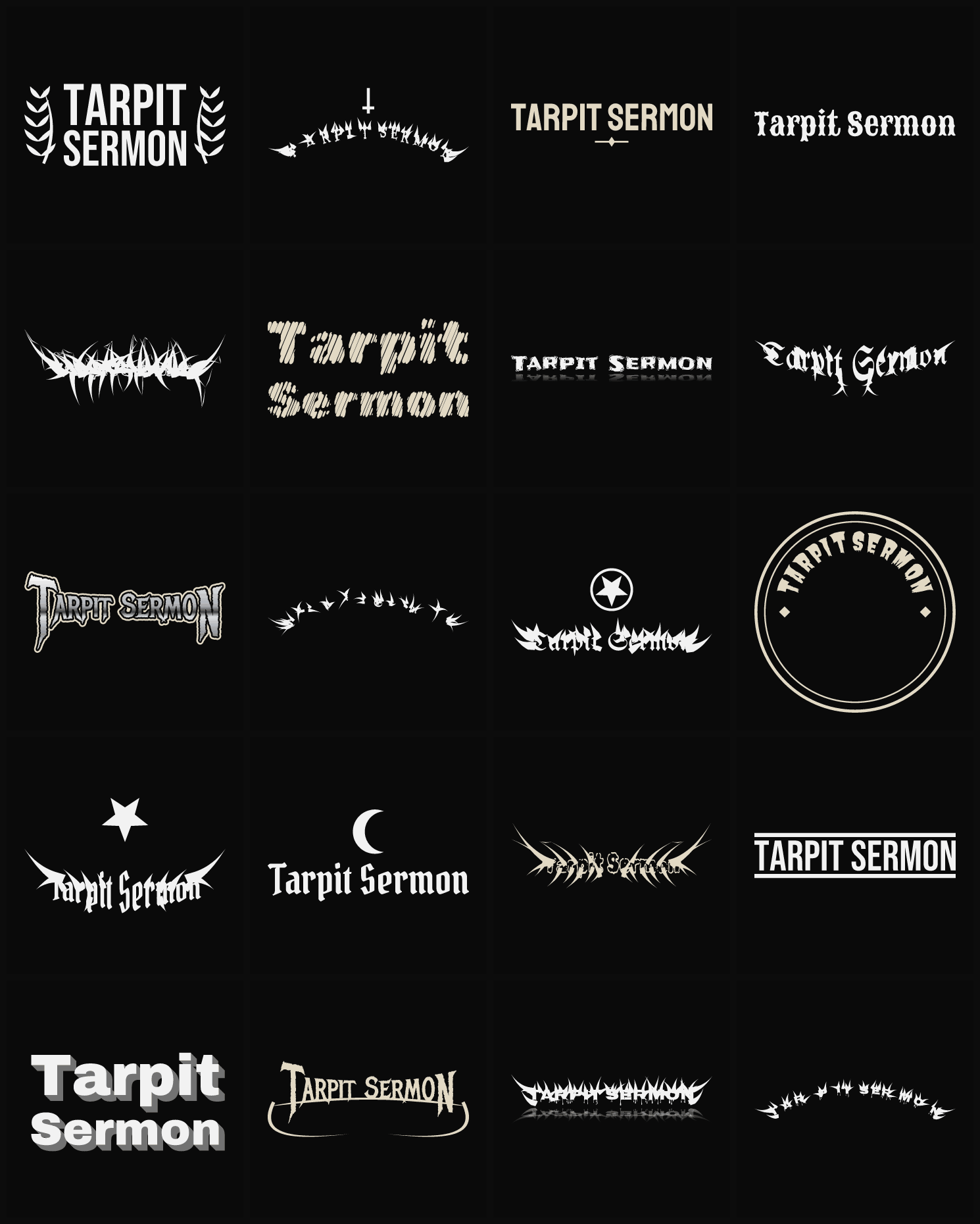 Twenty Tarpit Sermon band logo ideas — different faces, treatments and spike settings
