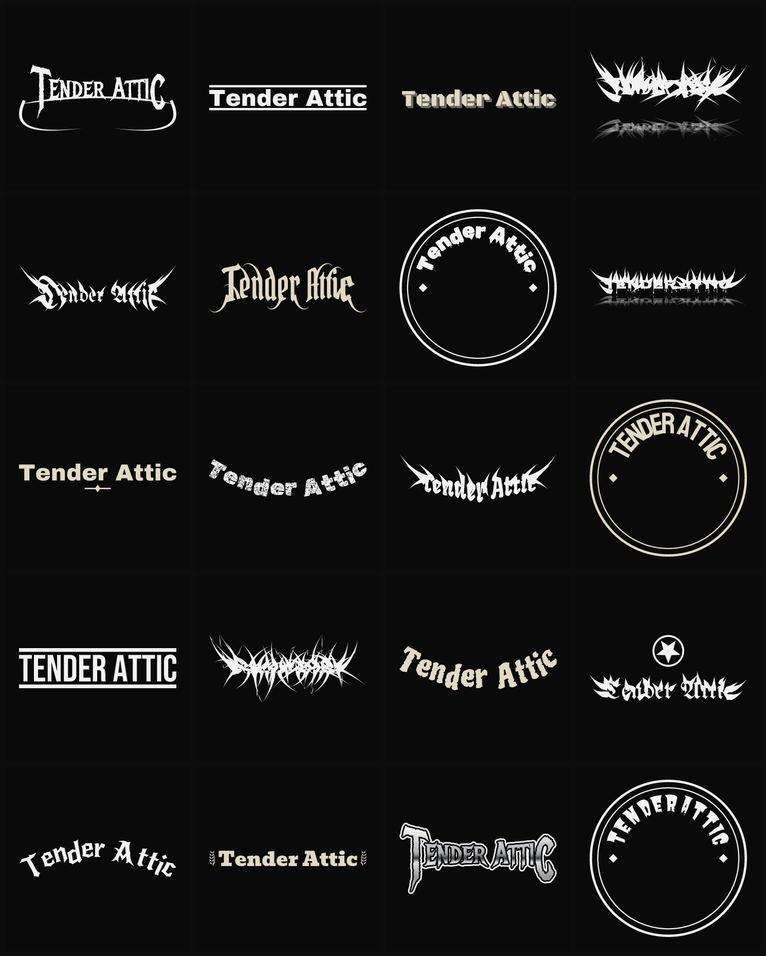 Twenty Tender Attic band logo ideas — different faces, treatments and spike settings