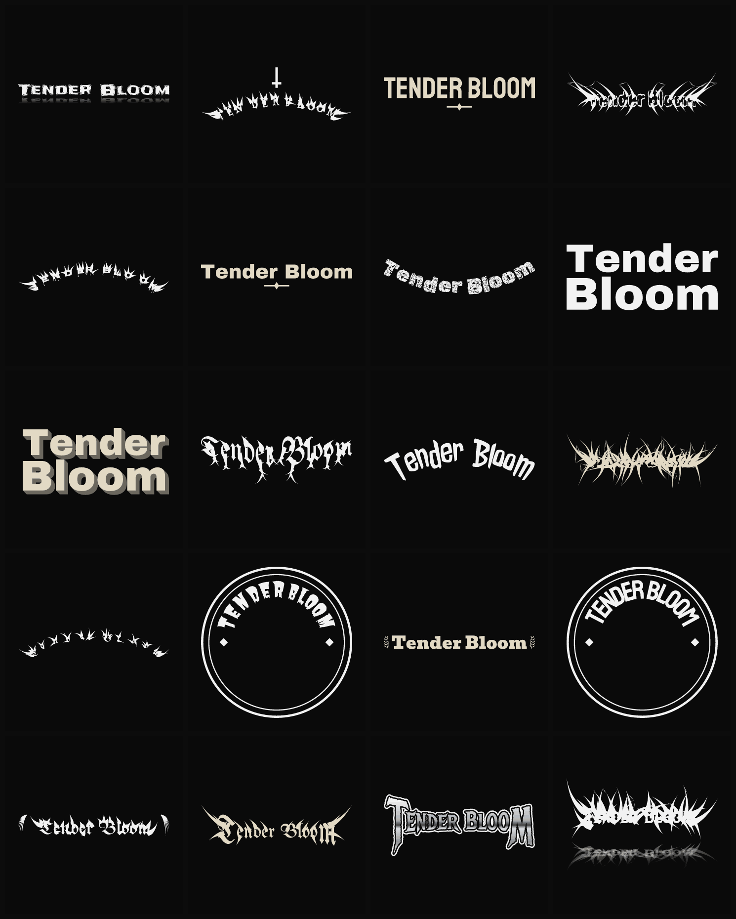 Twenty Tender Bloom band logo ideas — different faces, treatments and spike settings