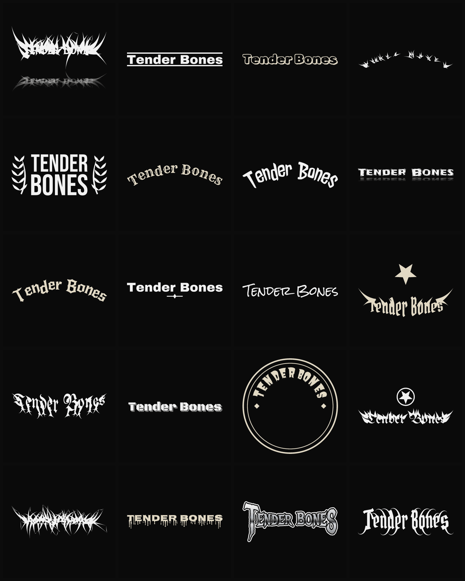 Twenty Tender Bones band logo ideas — different faces, treatments and spike settings