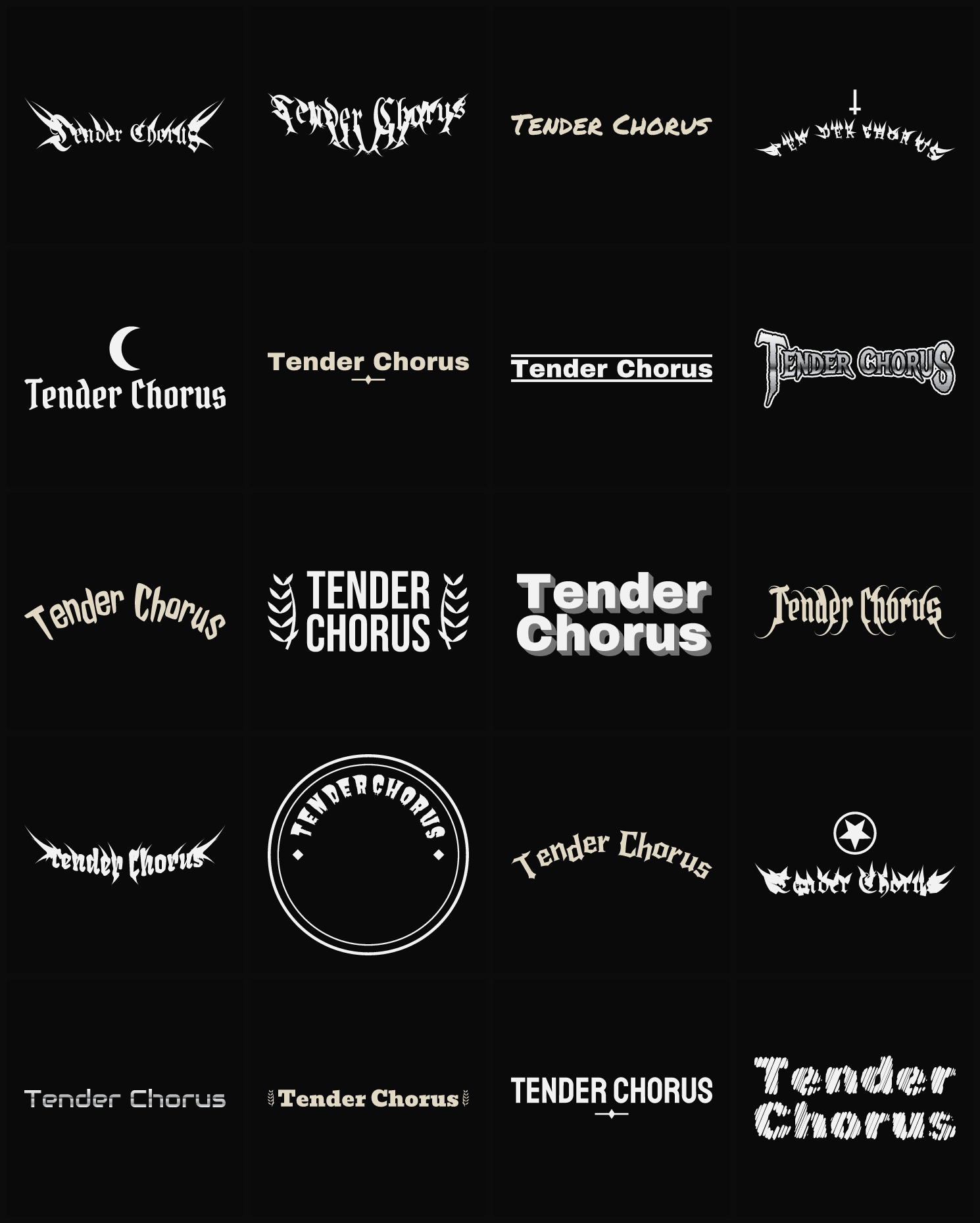 Twenty Tender Chorus band logo ideas — different faces, treatments and spike settings
