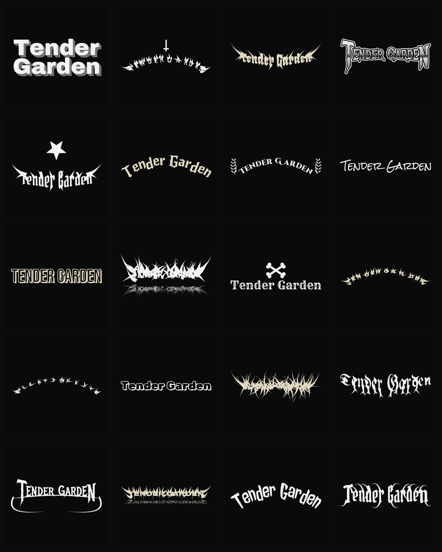 Twenty Tender Garden band logo ideas — different faces, treatments and spike settings