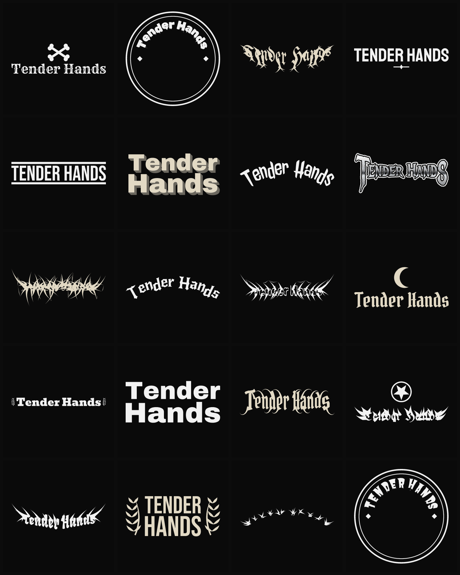 Twenty Tender Hands band logo ideas — different faces, treatments and spike settings