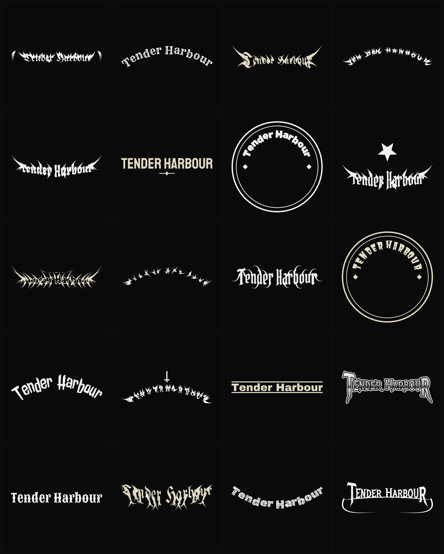 Twenty Tender Harbour band logo ideas — different faces, treatments and spike settings