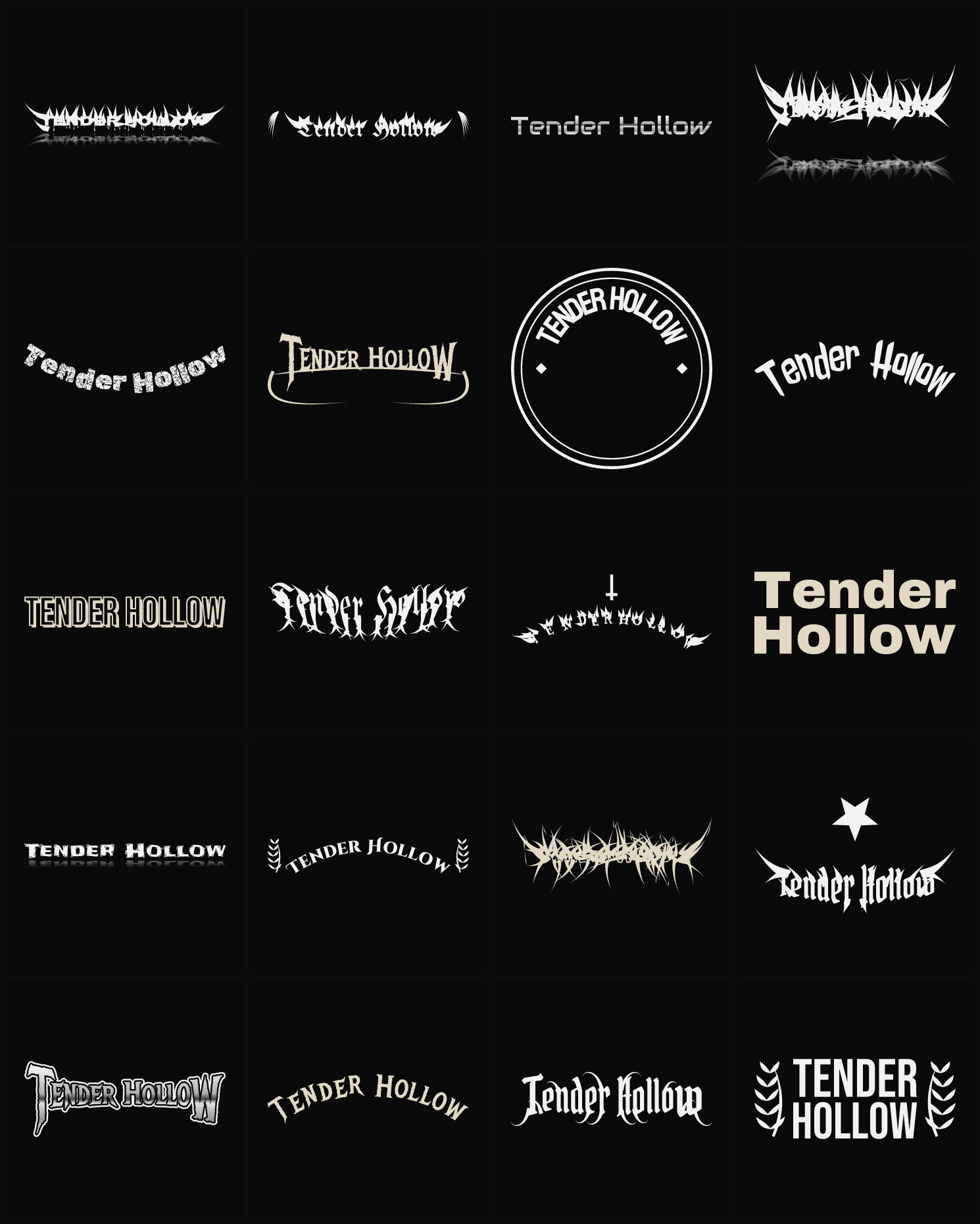 Twenty Tender Hollow band logo ideas — different faces, treatments and spike settings