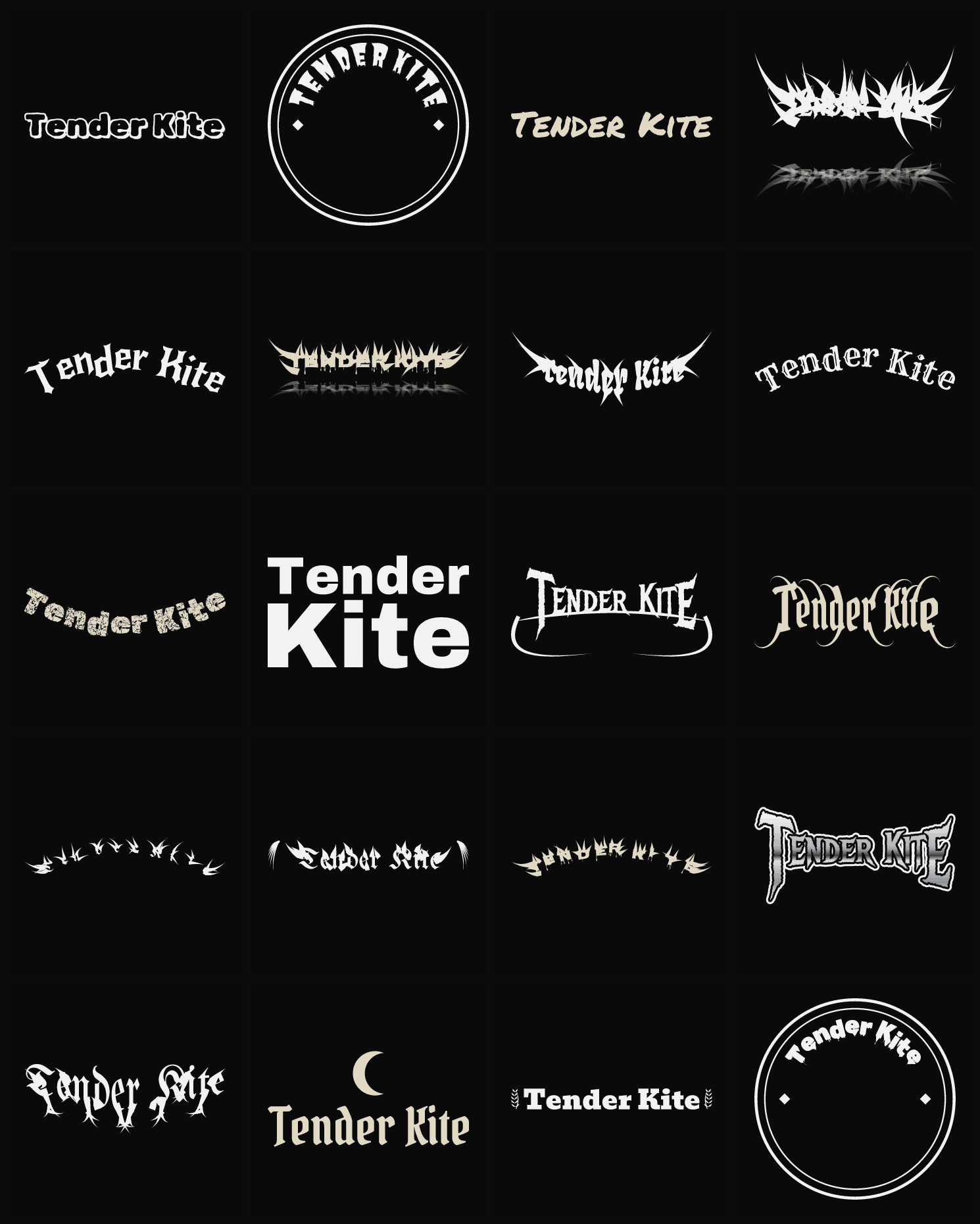 Twenty Tender Kite band logo ideas — different faces, treatments and spike settings