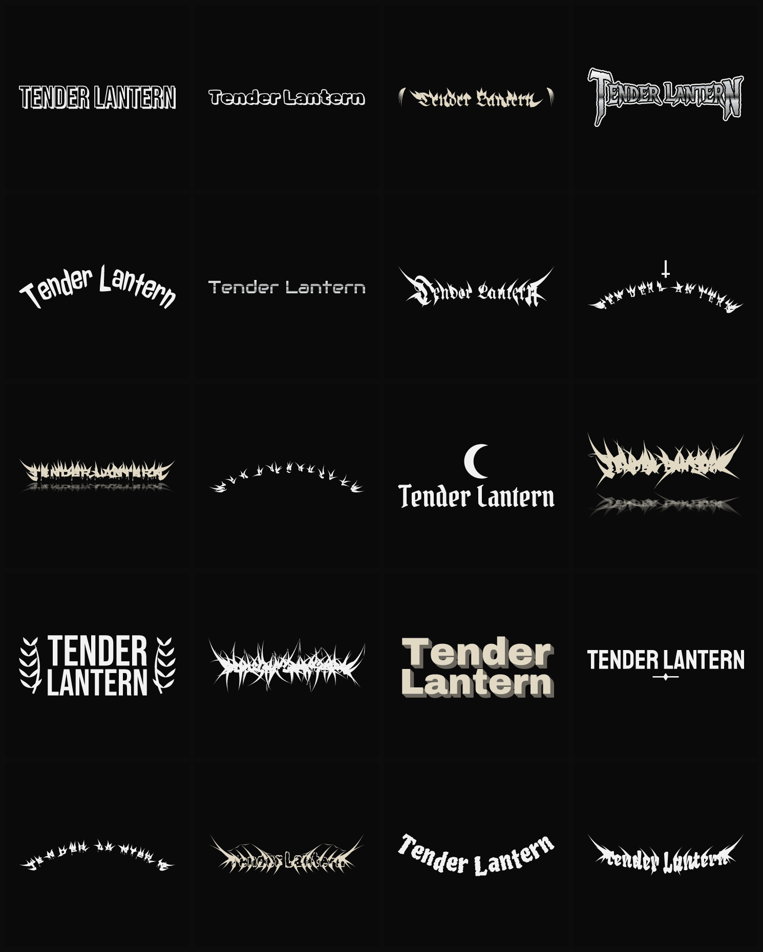 Twenty Tender Lantern band logo ideas — different faces, treatments and spike settings
