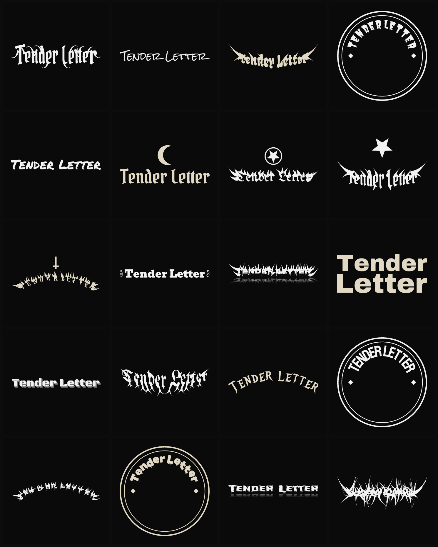 Twenty Tender Letter band logo ideas — different faces, treatments and spike settings