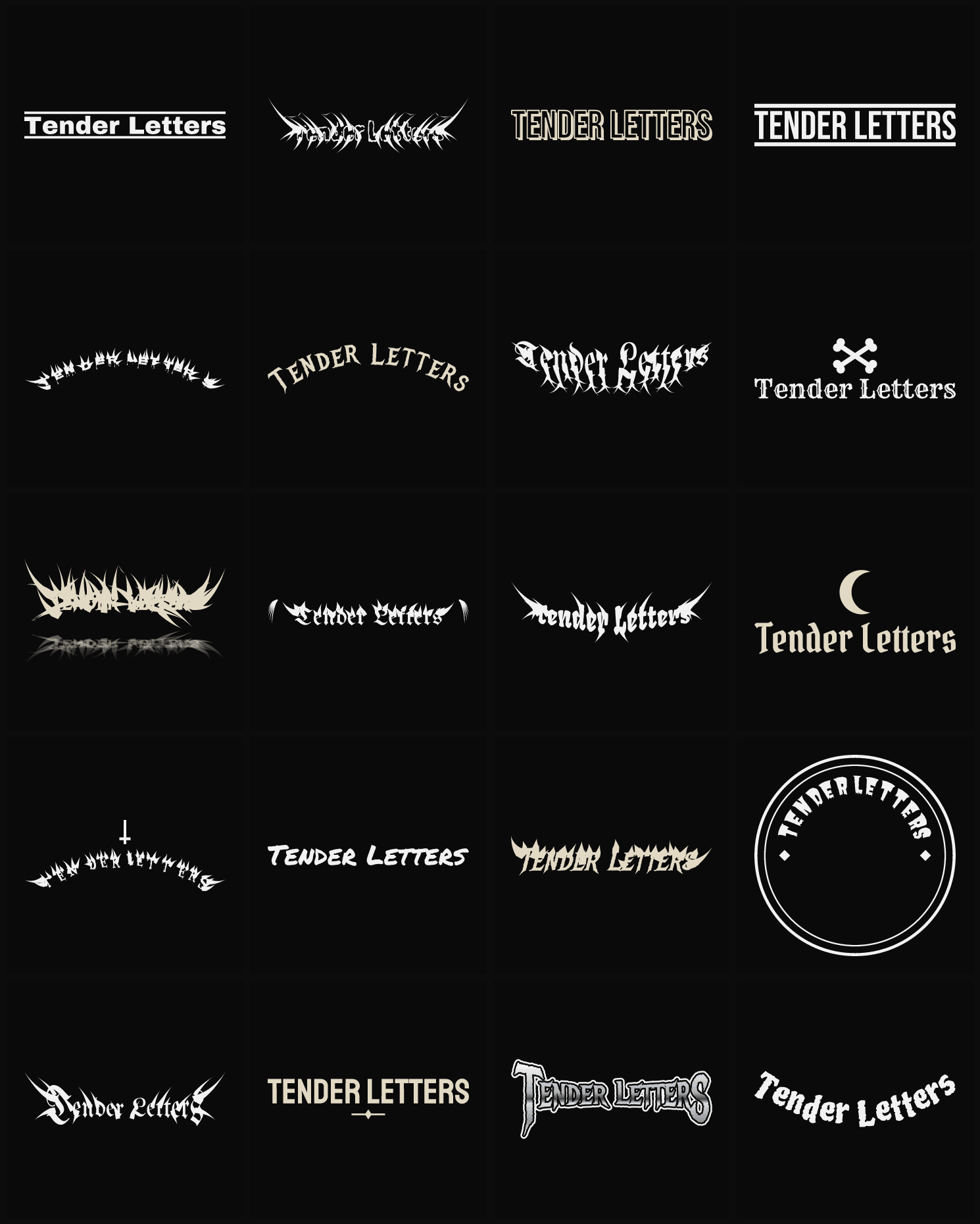 Twenty Tender Letters band logo ideas — different faces, treatments and spike settings
