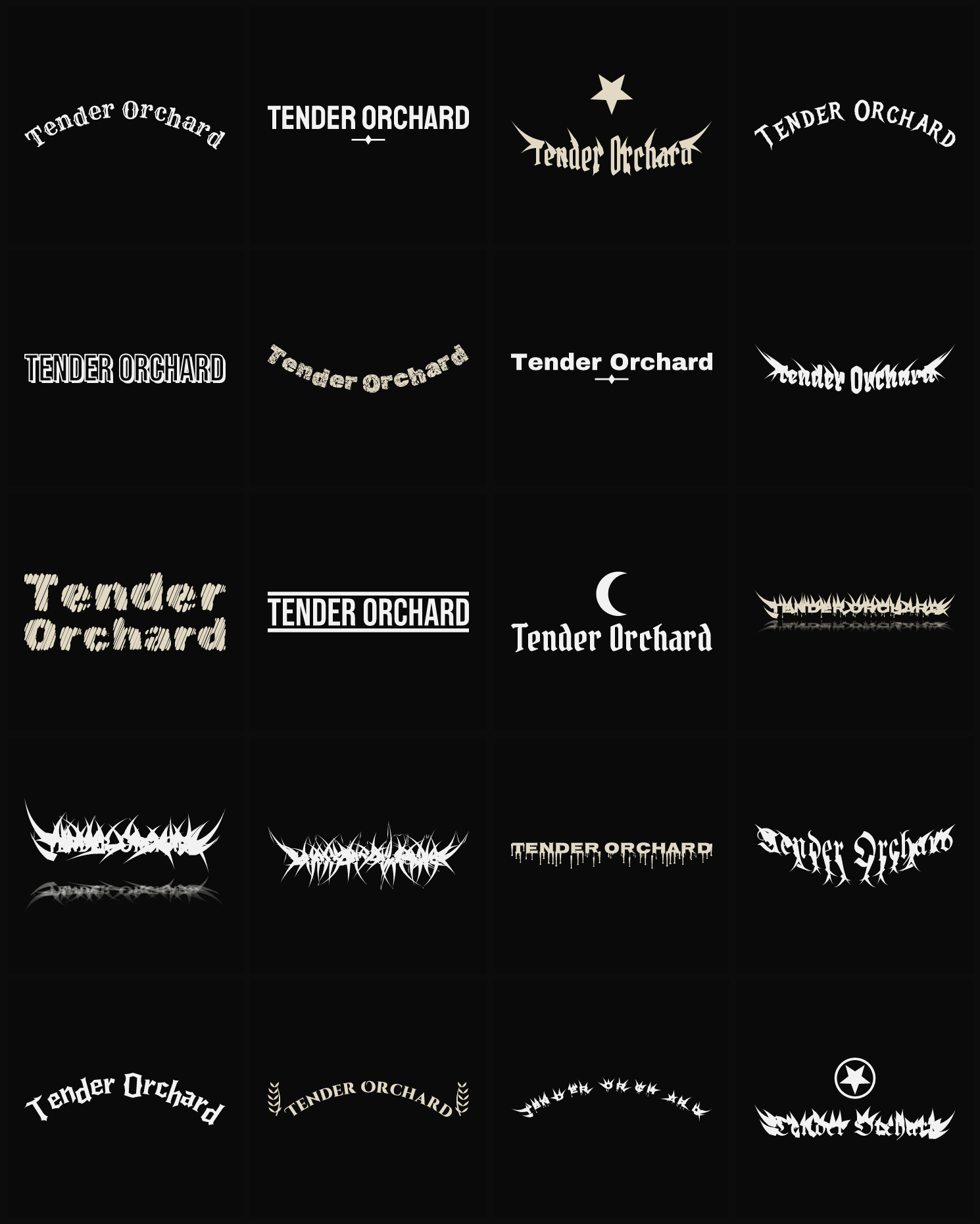 Twenty Tender Orchard band logo ideas — different faces, treatments and spike settings
