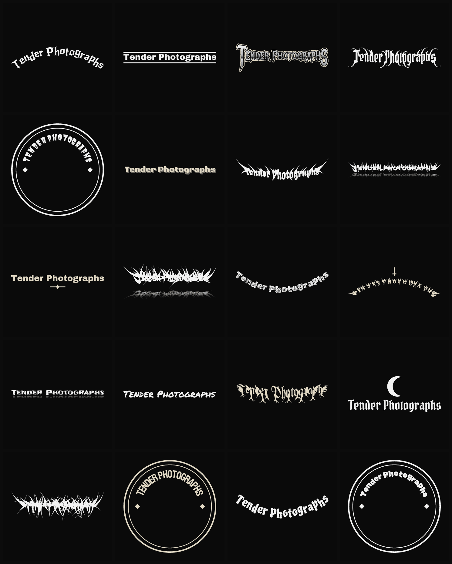Twenty Tender Photographs band logo ideas — different faces, treatments and spike settings