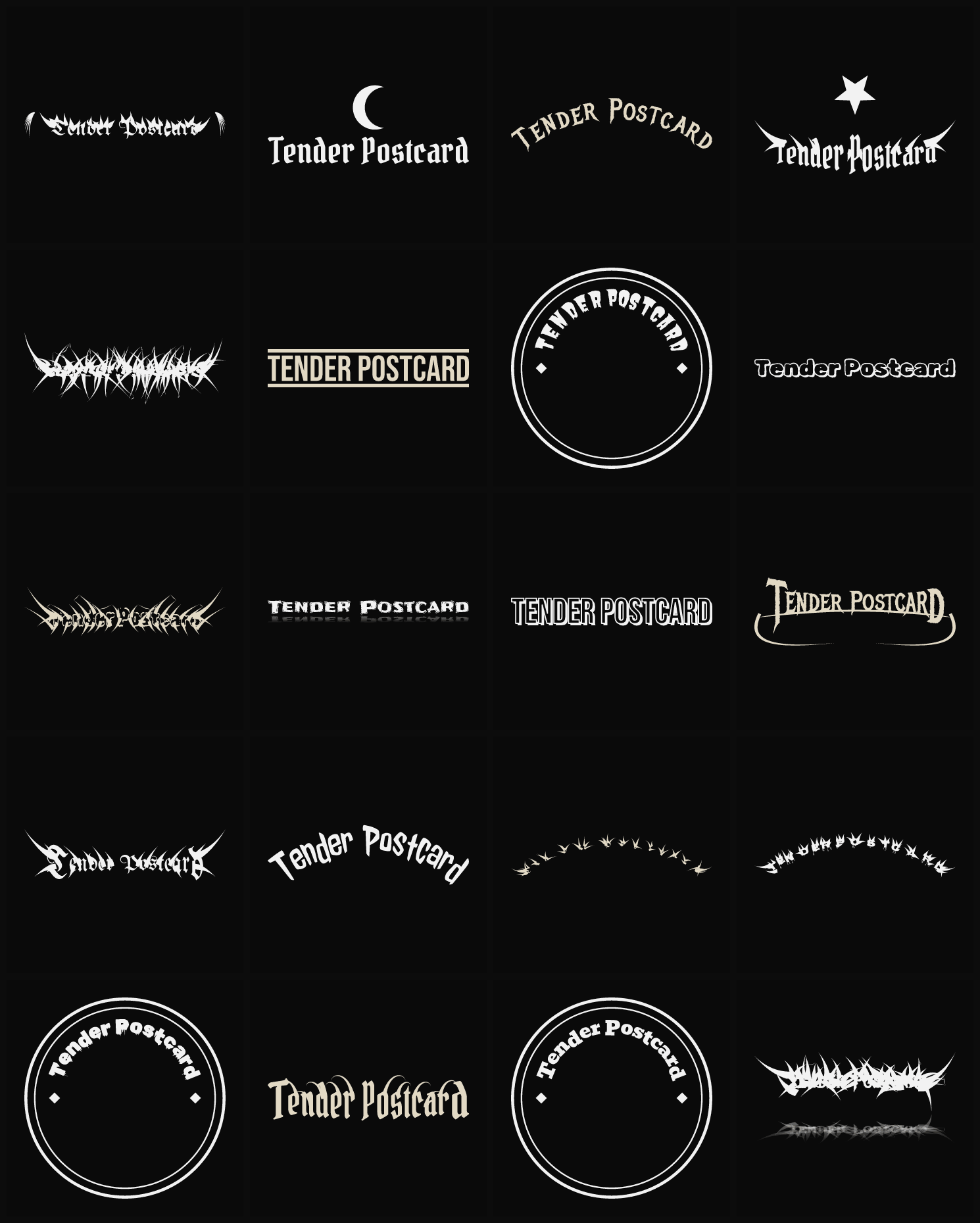 Twenty Tender Postcard band logo ideas — different faces, treatments and spike settings