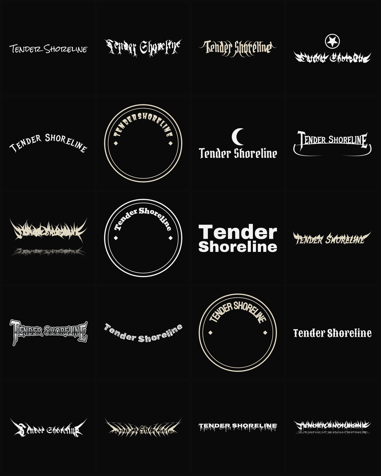Twenty Tender Shoreline band logo ideas — different faces, treatments and spike settings