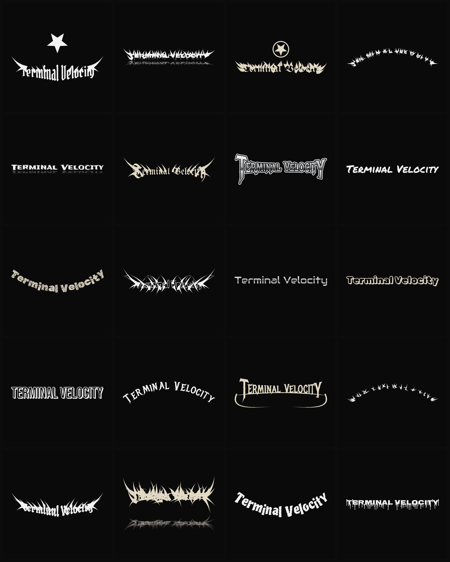 Twenty Terminal Velocity band logo ideas — different faces, treatments and spike settings