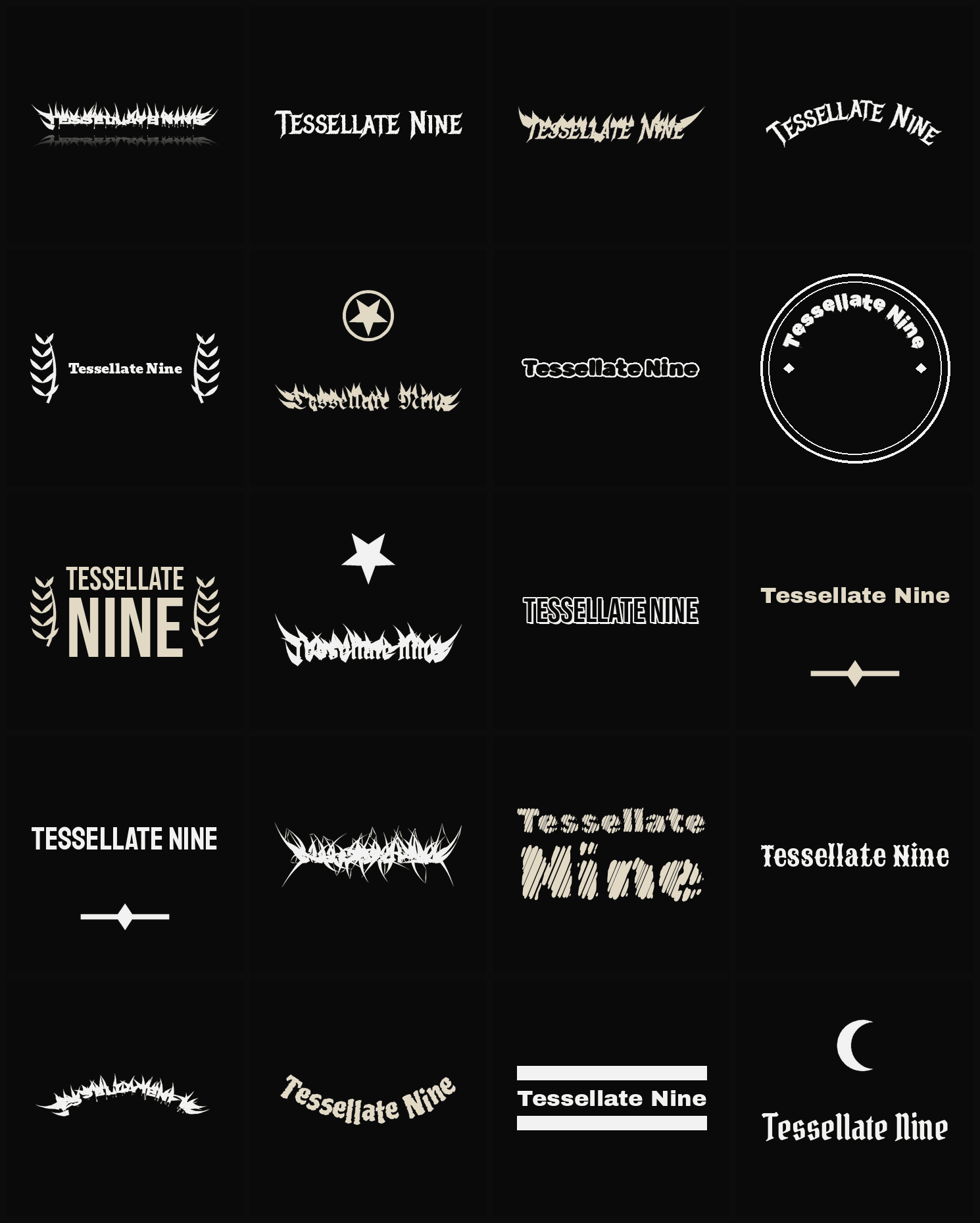Twenty Tessellate Nine band logo ideas — different faces, treatments and spike settings