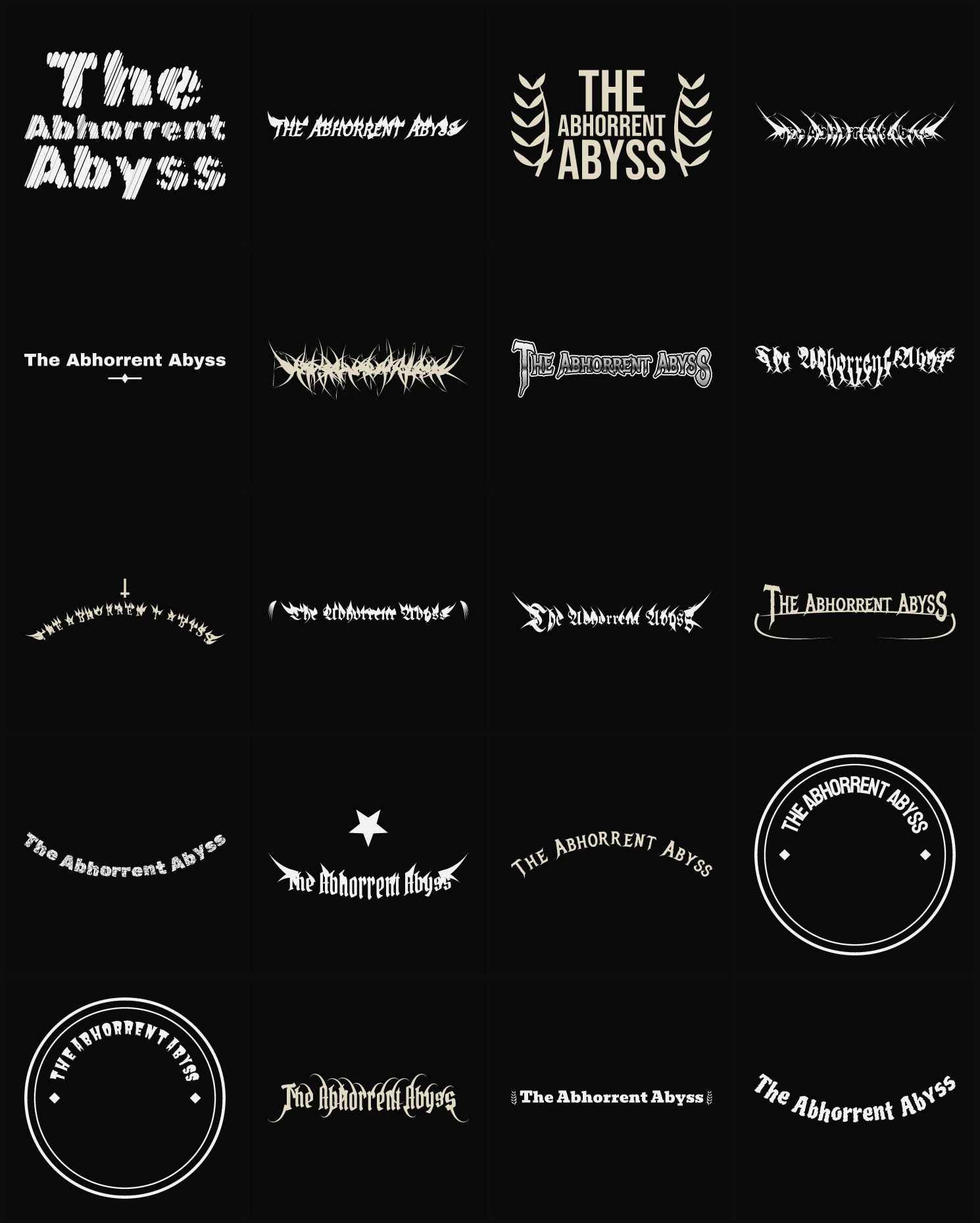 Twenty The Abhorrent Abyss band logo ideas — different faces, treatments and spike settings