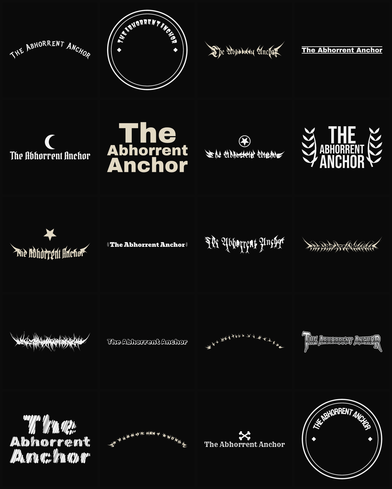 Twenty The Abhorrent Anchor band logo ideas — different faces, treatments and spike settings