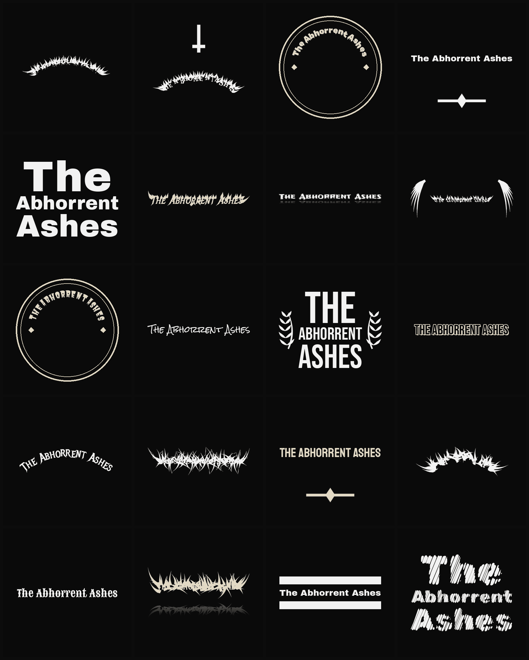 Twenty The Abhorrent Ashes band logo ideas — different faces, treatments and spike settings