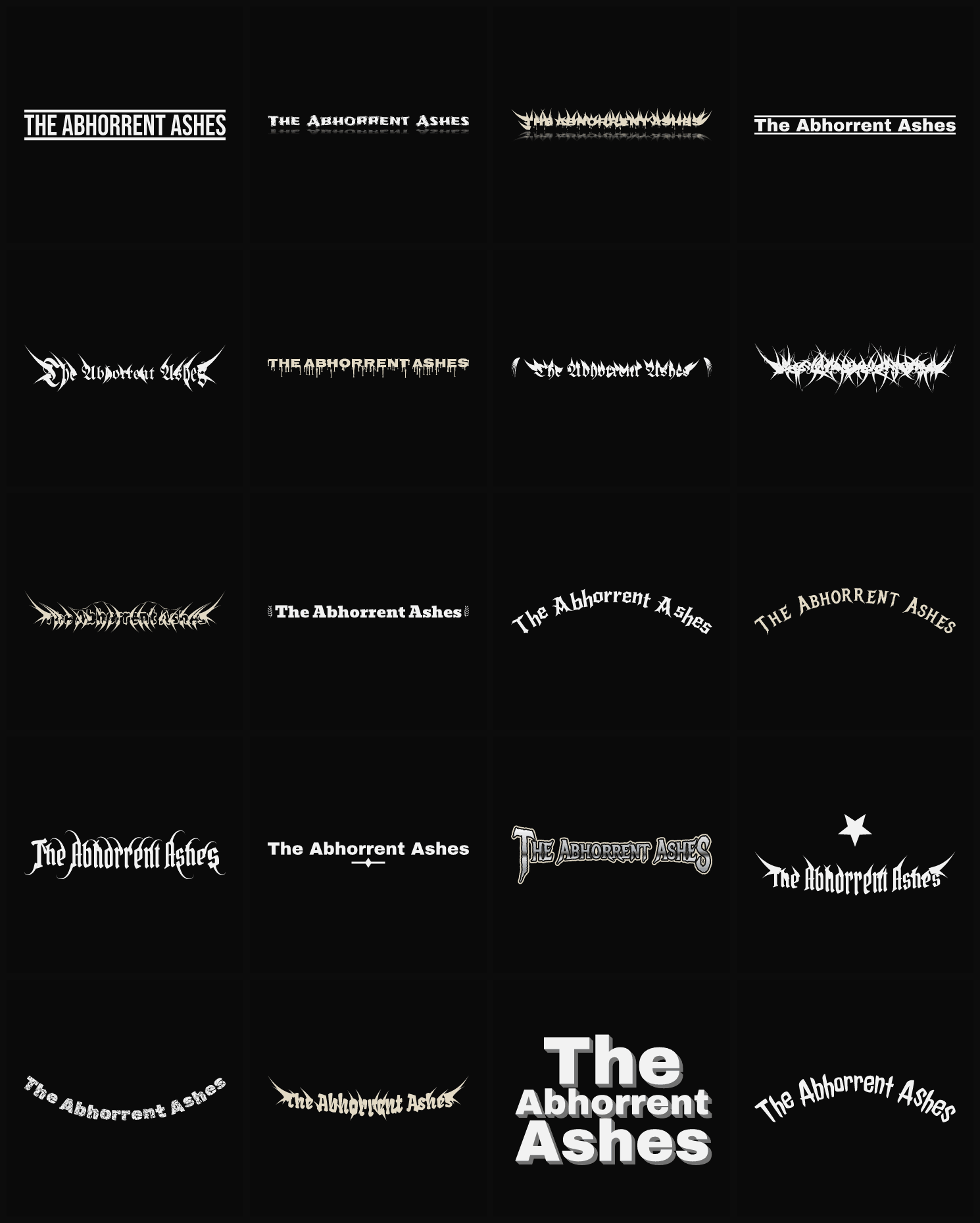 Twenty The Abhorrent Ashes band logo ideas — different faces, treatments and spike settings
