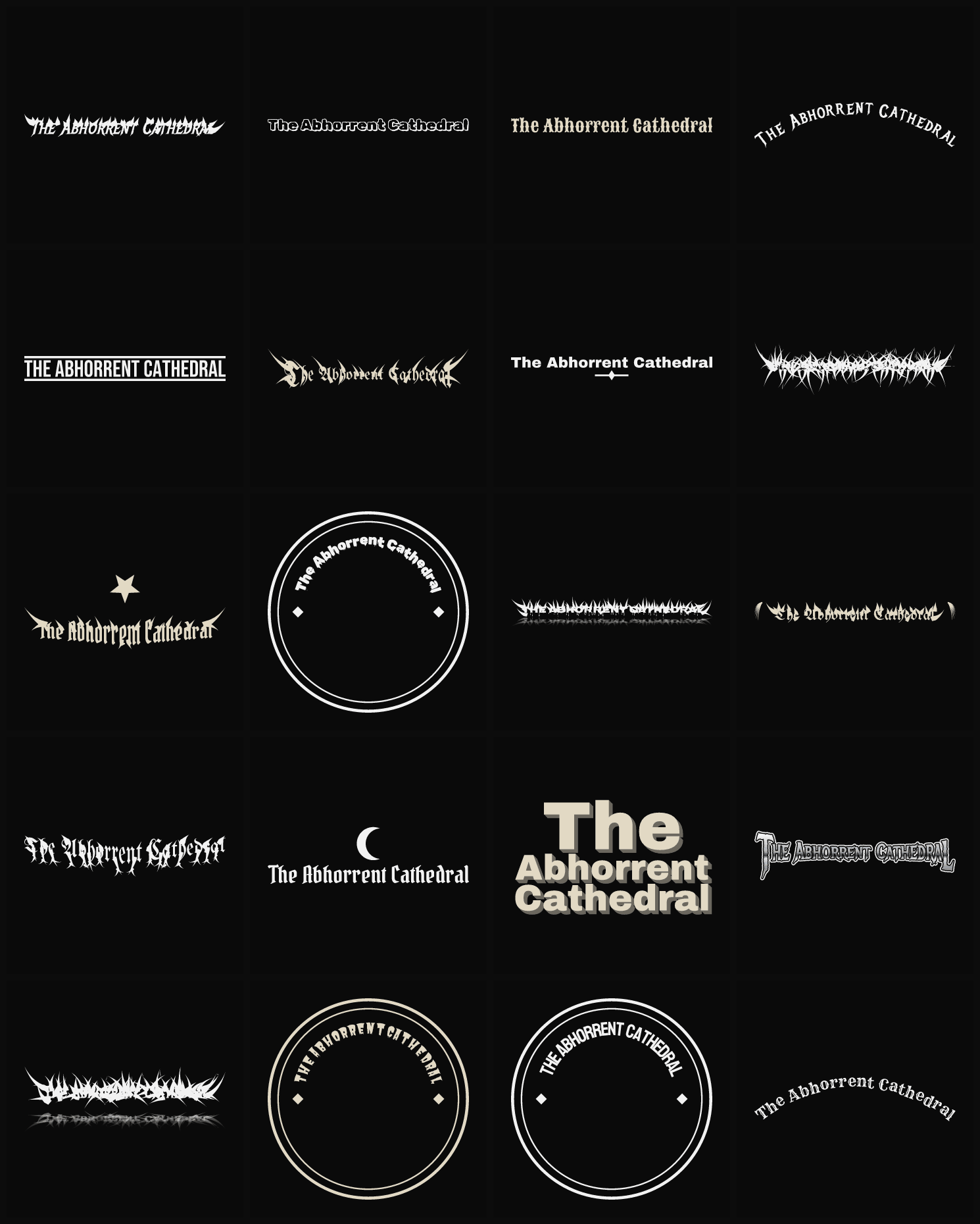 Twenty The Abhorrent Cathedral band logo ideas — different faces, treatments and spike settings