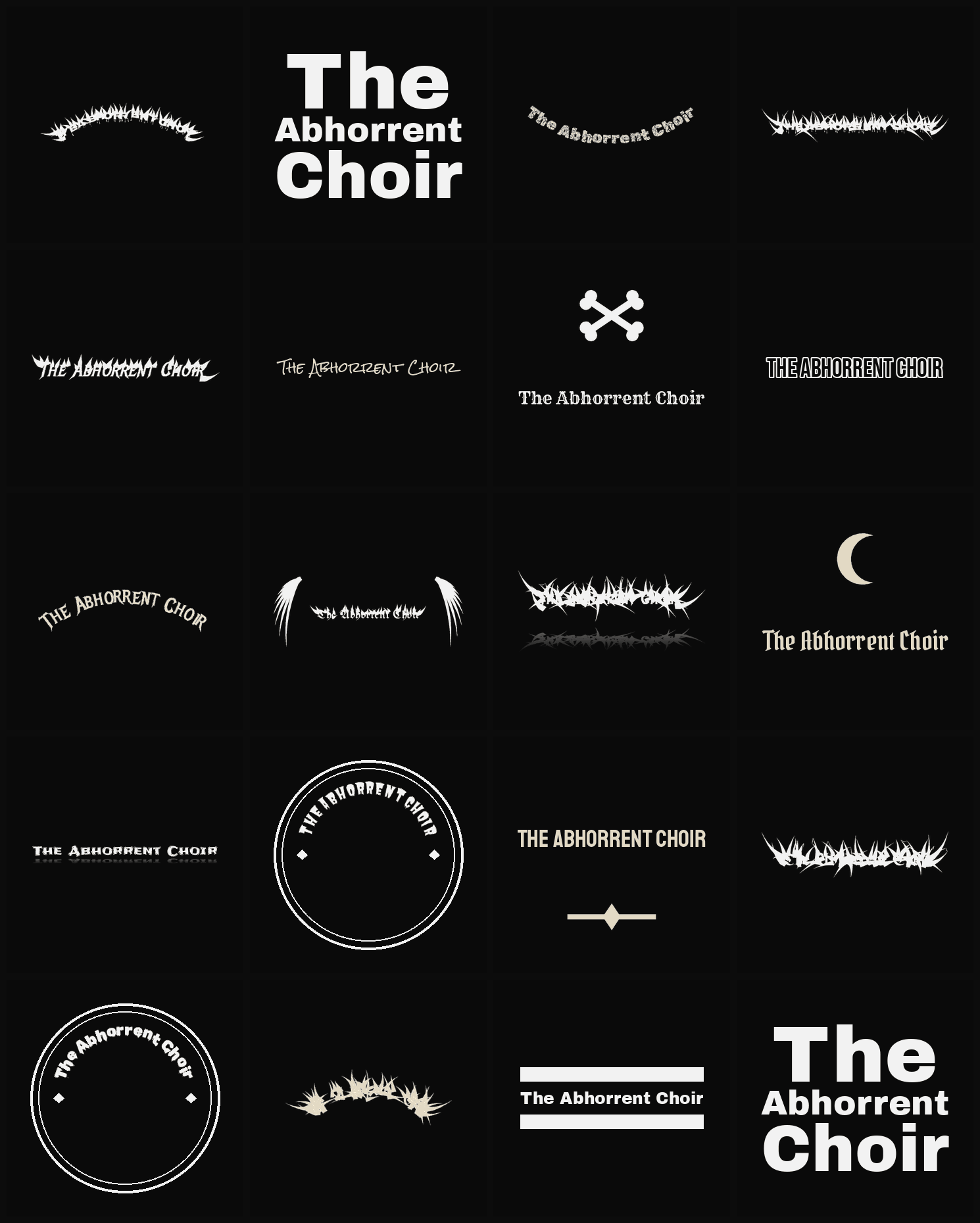 Twenty The Abhorrent Choir band logo ideas — different faces, treatments and spike settings