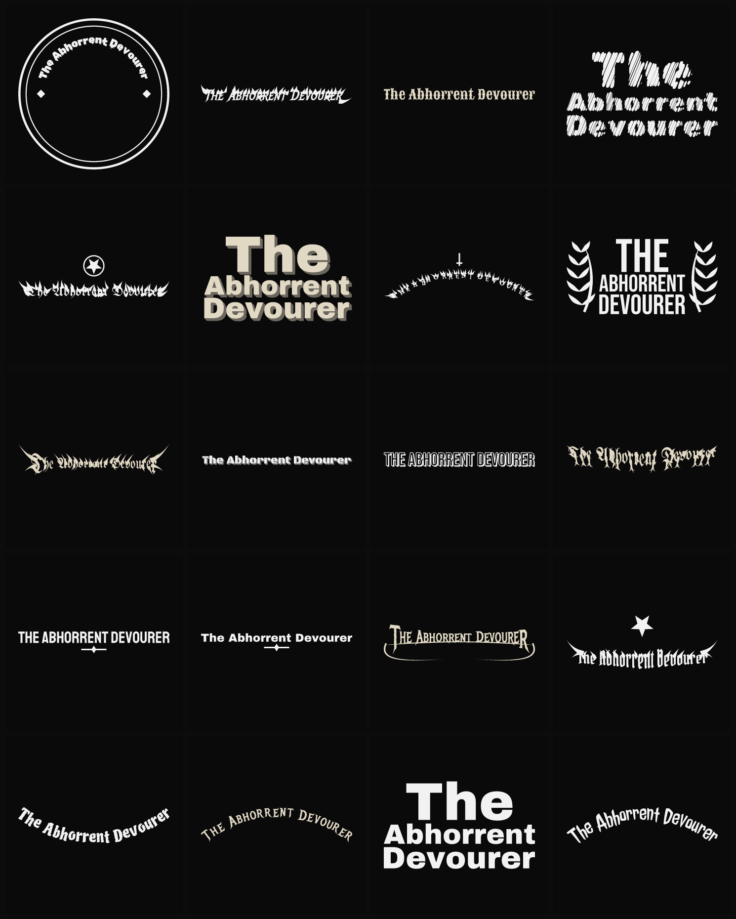 Twenty The Abhorrent Devourer band logo ideas — different faces, treatments and spike settings