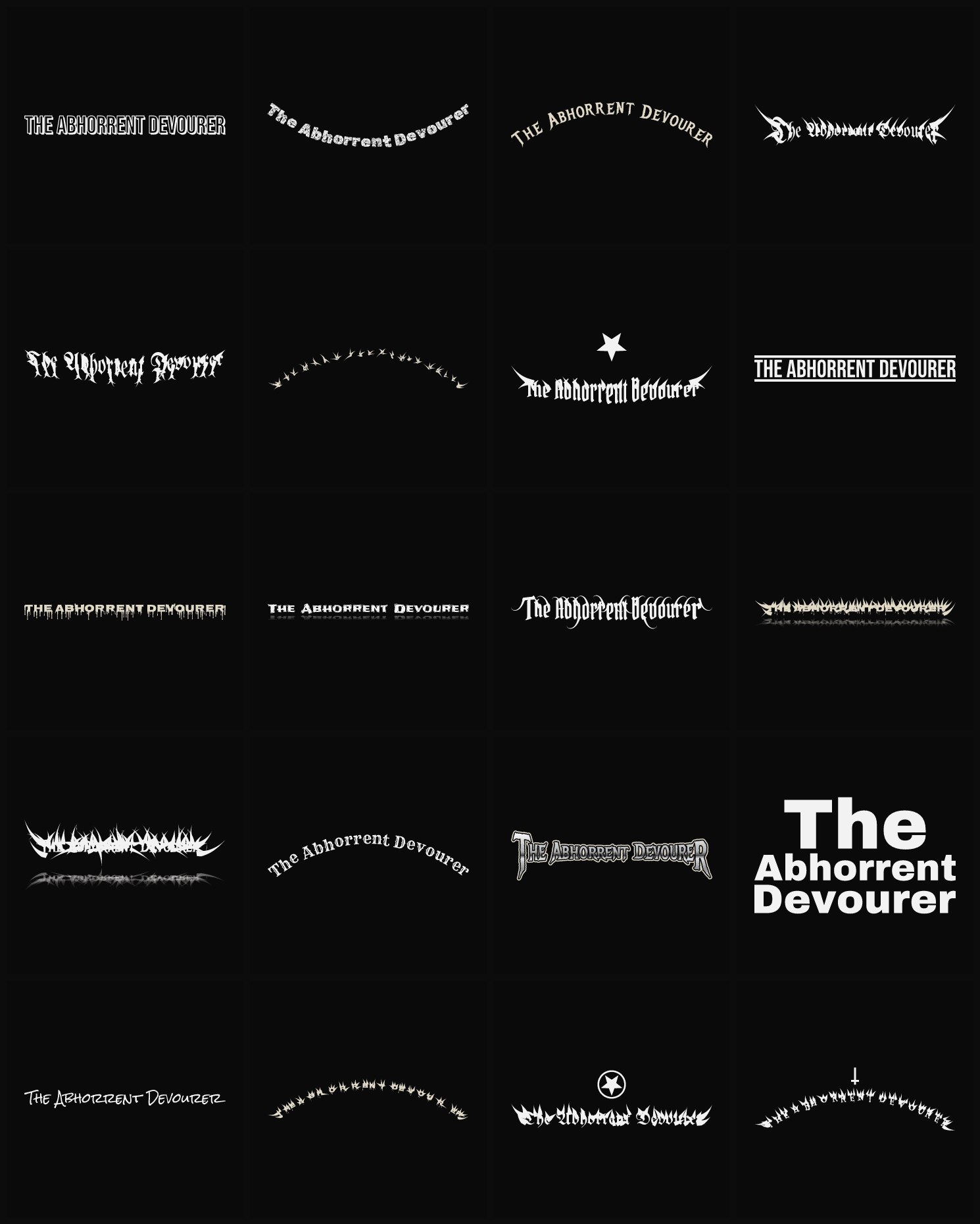 Twenty The Abhorrent Devourer band logo ideas — different faces, treatments and spike settings