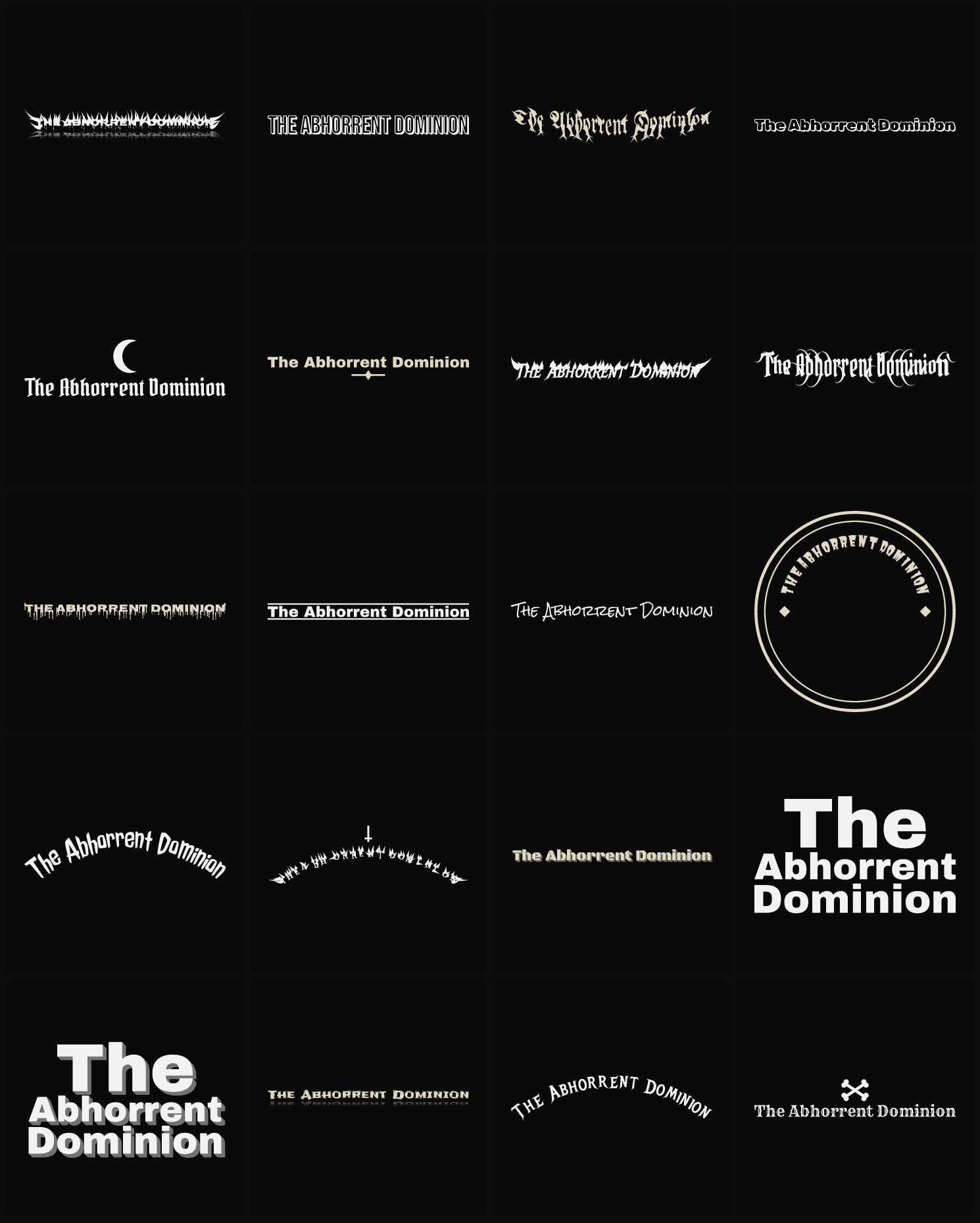 Twenty The Abhorrent Dominion band logo ideas — different faces, treatments and spike settings