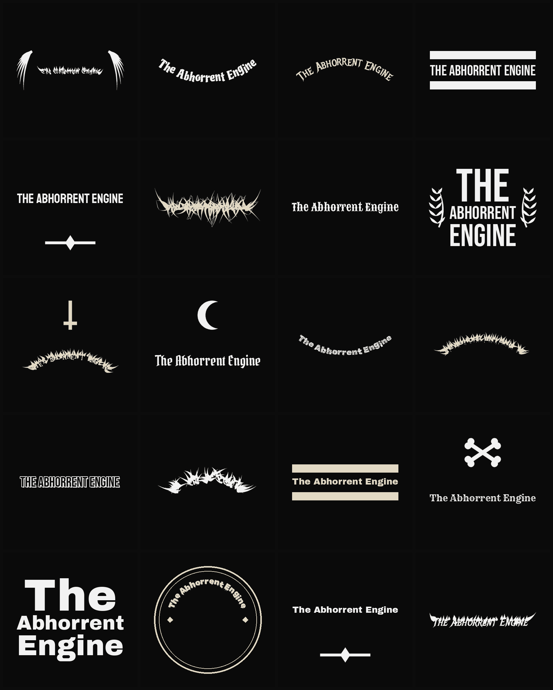 Twenty The Abhorrent Engine band logo ideas — different faces, treatments and spike settings